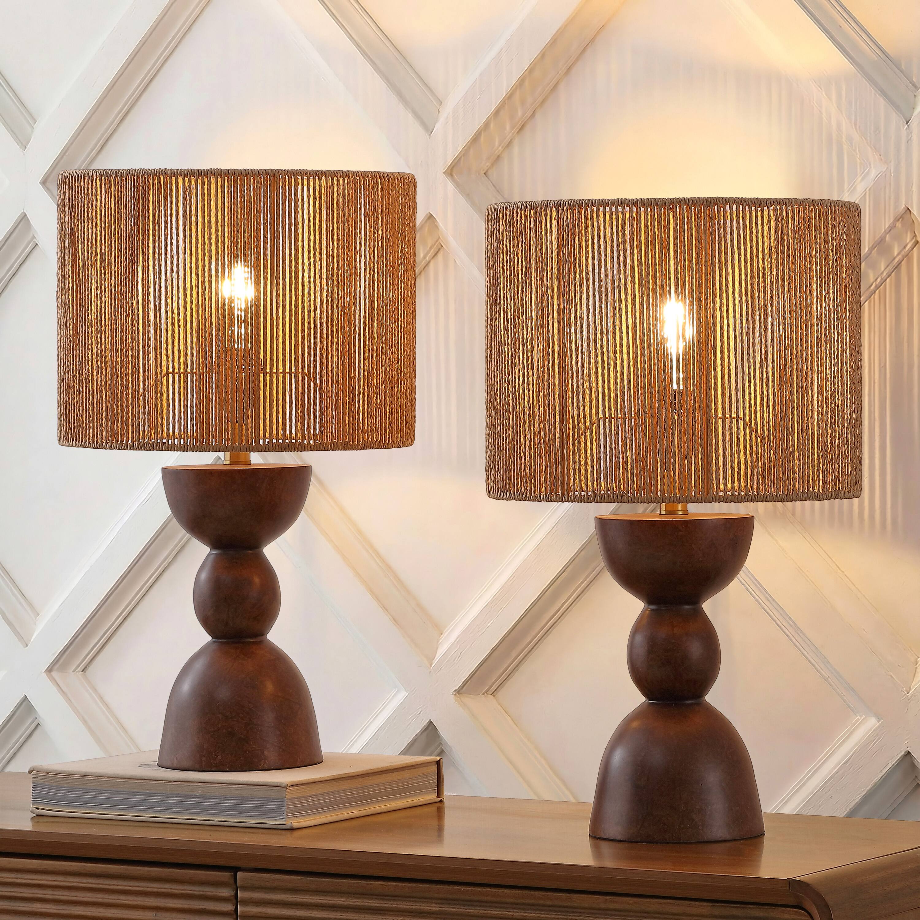 Alt View 1. Jonathan Y - Sherry 22 in. Bohemian Hourglass Totem Resin with Hand-Woven Paper Rope Drum Shade LED Table Lamp, Dark Brown (Set of 2) - Dark Brown.