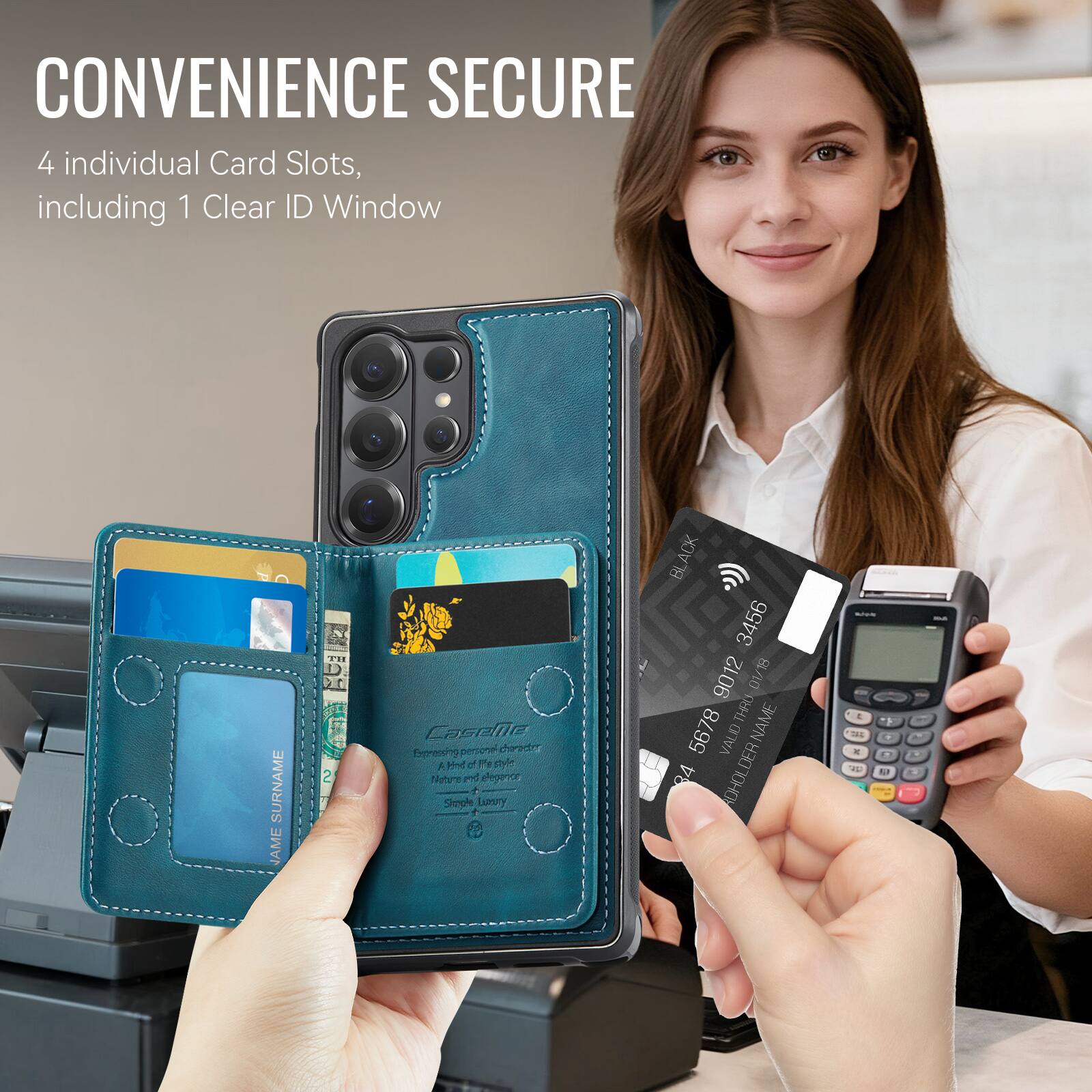 CONVENIENCE SECURE  
4 individual Card Slots, including 1 Clear ID Window  

SURNAME NAME  
2 Caseile present character Dpraecig A Hnd of e style Nature E elegenoe Smphe Lumuy  
ACK BL 3456 9012 8L/L0 0V THRO  
NAME 5678 D VALID 24 ADHOLDER