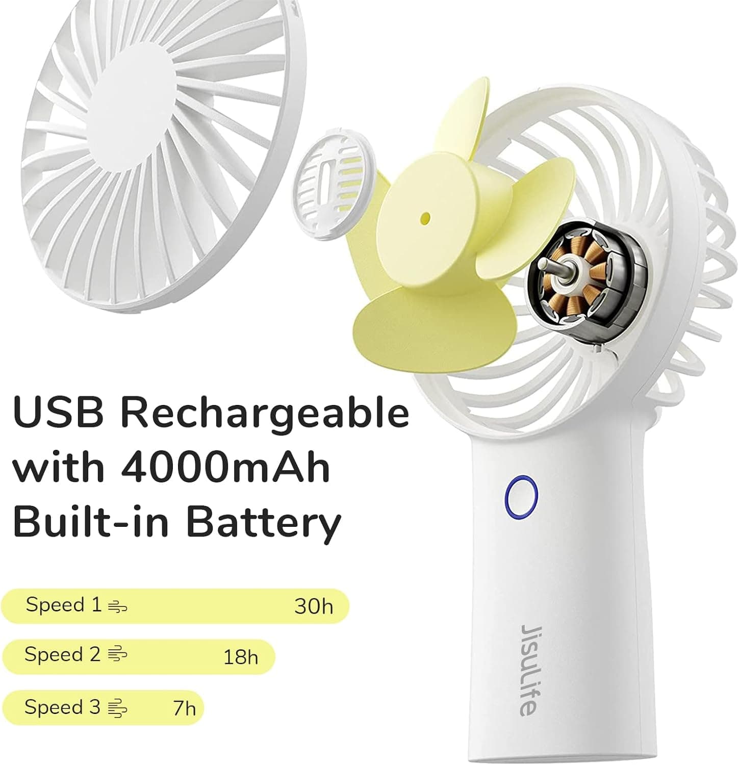 USB Rechargeable with 4000mAh Built-in Battery

Speed 1 ➡️ 30h  
Speed 2 ➡️ 18h  
Speed 3 ➡️ 7h  

JisuLife