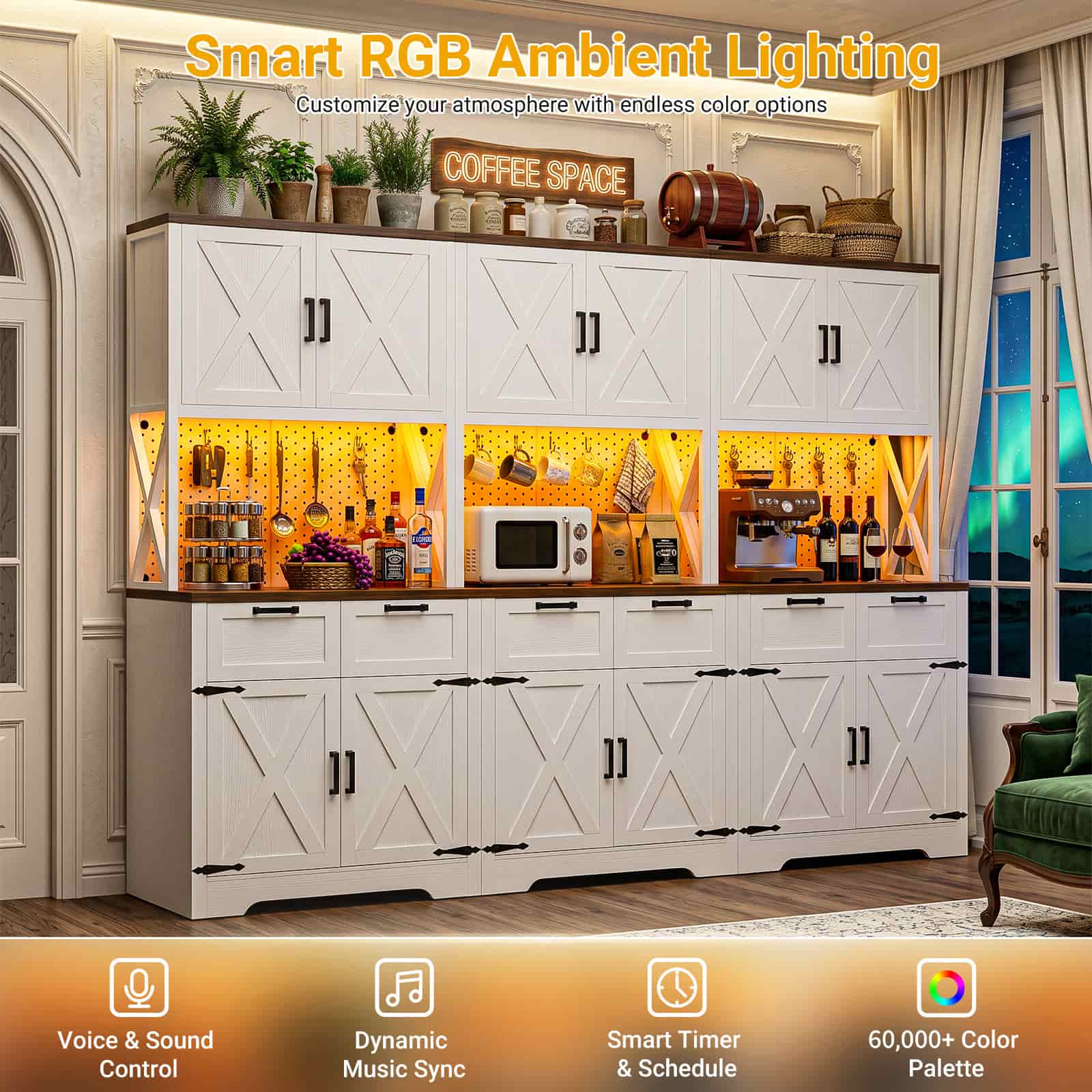 Smart RGB Ambient Lighting  
Customize your atmosphere with endless color options  

COFFEE SPACE  

Voice & Sound Control  
Dynamic Music Sync  
Smart Timer & Schedule  
60,000+ Color Palette