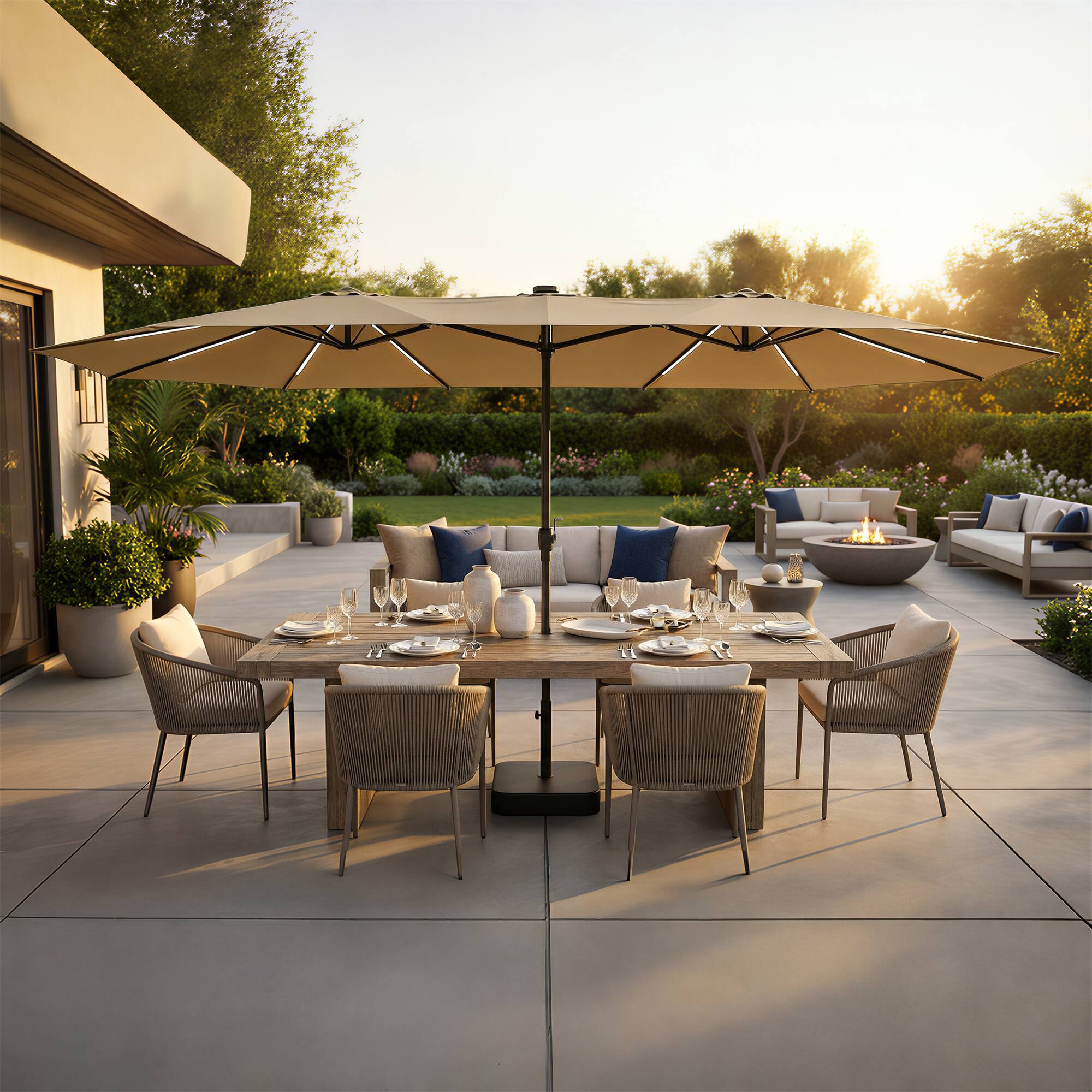 Angle. Famapy - Double Top Patio Umbrella with LED Lights Outdoor Market UmbrellaLarge Twin Canopy Deck Umbrella for Patio Garden - Sand.