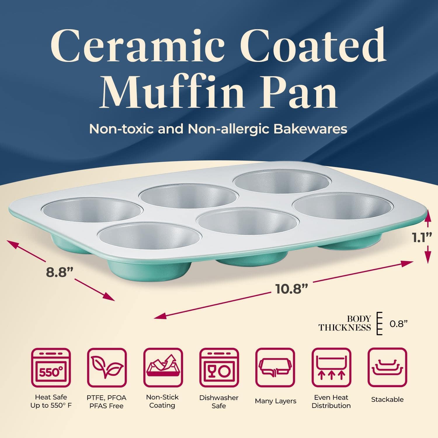 Bakken- Swiss - 6-Cup Muffin Pan Set – Non-Toxic Ceramic, Free of PFAS, PFOA, lead, and cadmium, Stylish Colors - Teal - Thumbnail 4