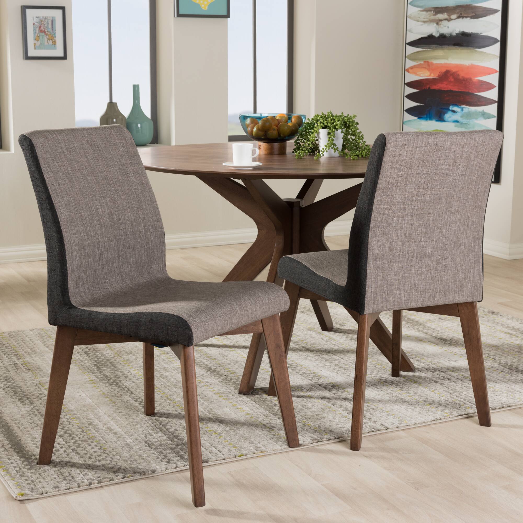 Alt View 2. Baxton Studio - Kimberly Mid-Century Modern Fabric Dining Chair - "Gravel" Multi Color/"Walnut" Brown.