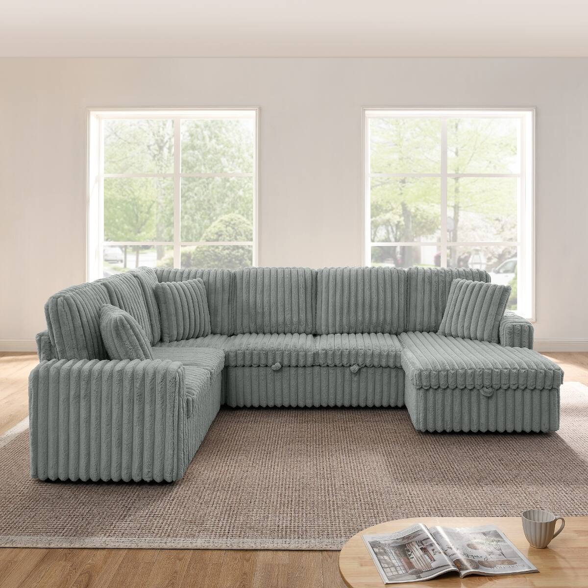 Alt View 3. Ropilly - Ropilly U Shaped Sectional Sofa, Corduroy Upholstered Pull Out Sofa Bed with Storage Chaise, Grey - Grey.