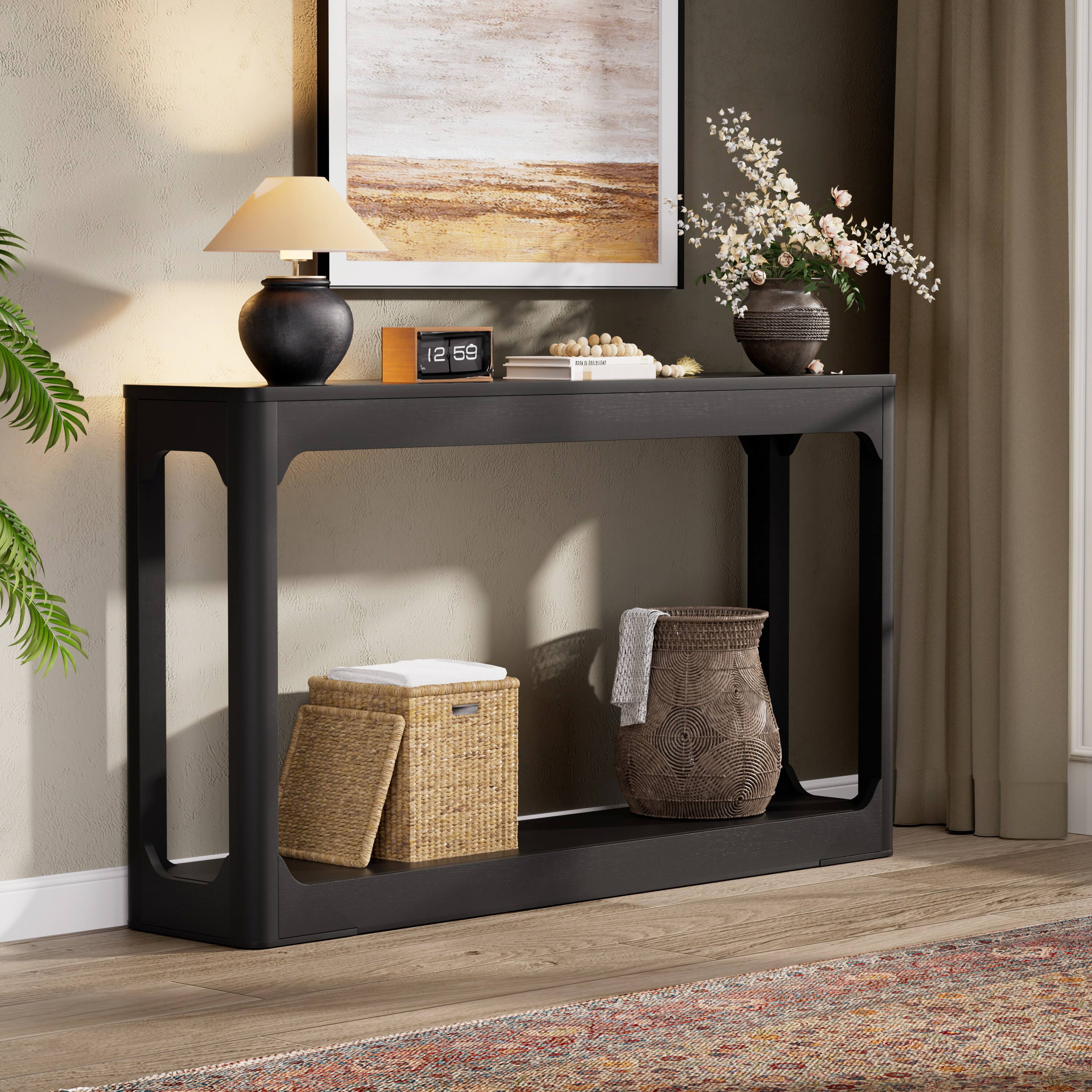 Alt View 5. Forest'nSky - Black 55.1-inch curved-leg storage table wooden side table for entryways - Black.