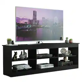 Madesa - TV Stand with 6 Open Shelves Cable Management 70"L Living Room and Bedroom Television Media Console - Black