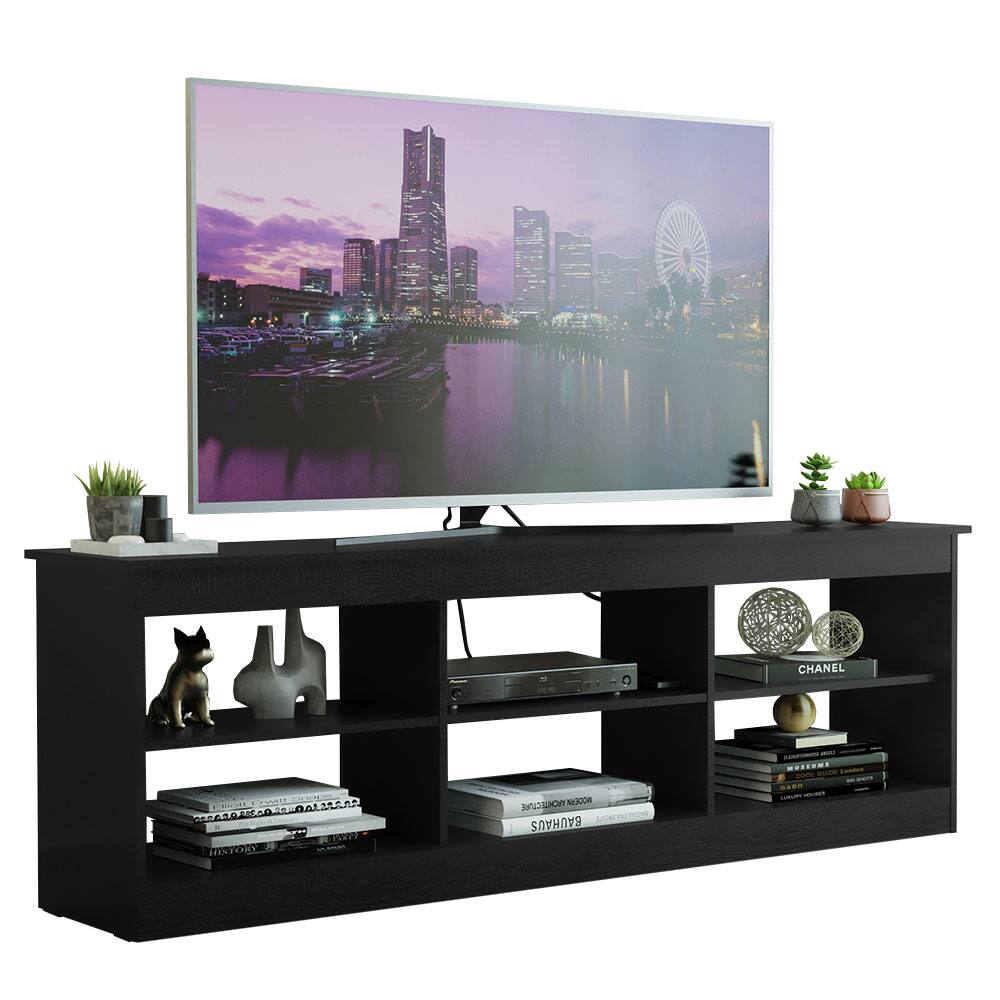 Madesa - TV Stand with 6 Open Shelves Cable Management 70"L Living Room and Bedroom Television Media Console - Black
