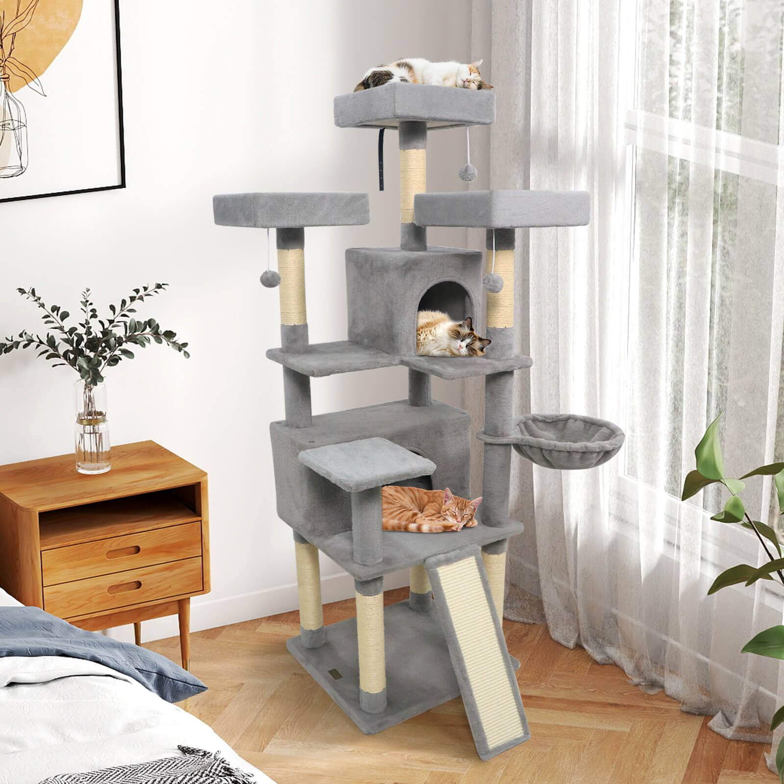 Alt View 4. Costway - Costway 65" Tall Multi-level Cat Tree with 3 Upholstered Top Perch 2 Cat Condos Cat Basket.