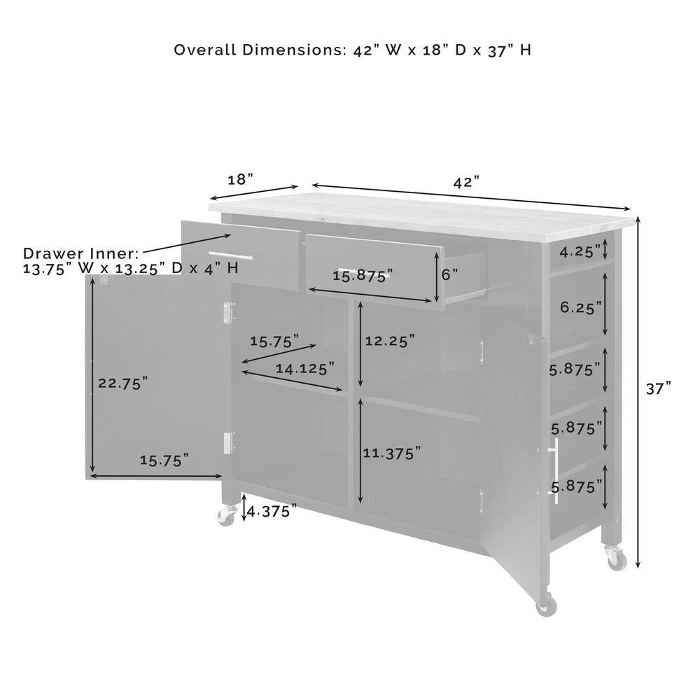 Overall Dimensions: 42" W x 18" D x 37" H

Drawer Inner: 13.75" W x 13.25" D x 4" H