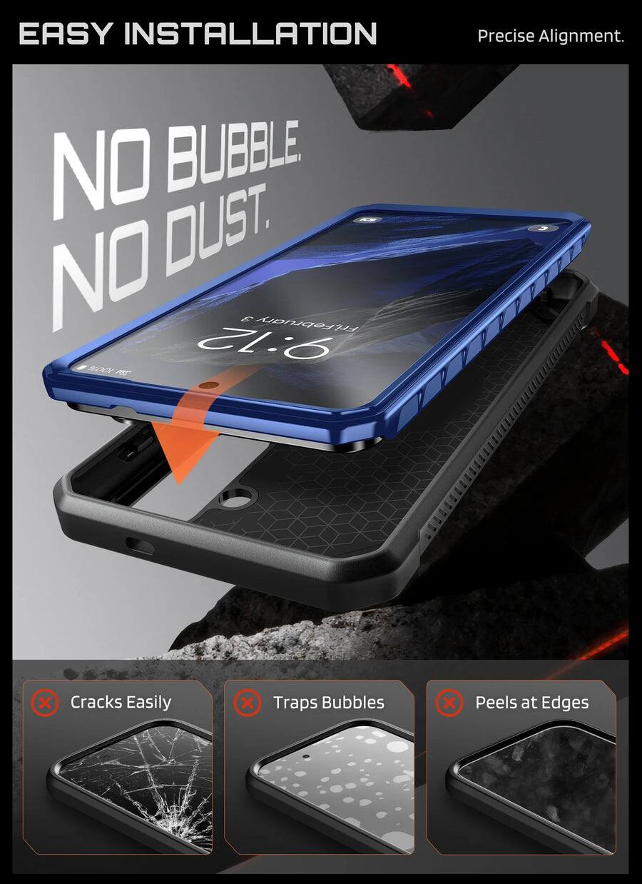 EASY INSTALLATION  
Precise Alignment.  
NO BUBBLE NO DUST  

Cracks Easily  
Traps Bubbles  
Peels at Edges