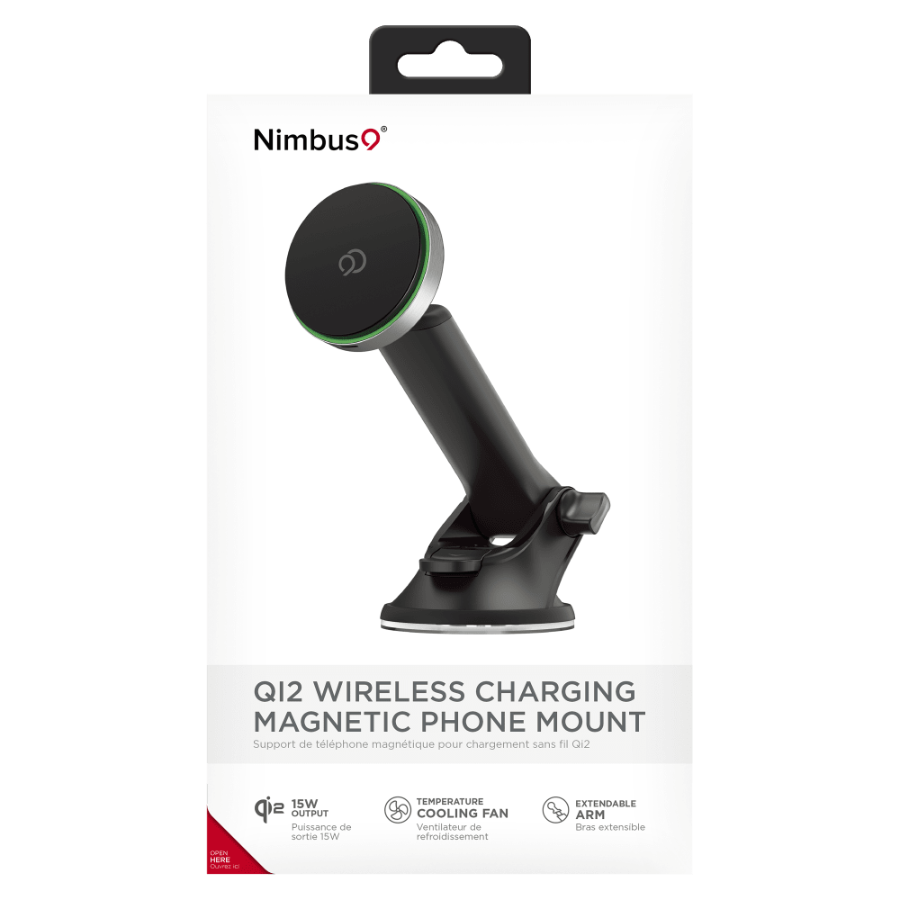 Nimbus  
Q12 WIRELESS CHARGING MAGNETIC PHONE MOUNT  
Support de téléphone magnétique pour chargement sans fil Q12  
15W OUTPUT  
Puissance de sortie 15W  
TEMPERATURE COOLING FAN  
Ventilateur de refroidissement  
EXTENDABLE ARM  
Bras extensible