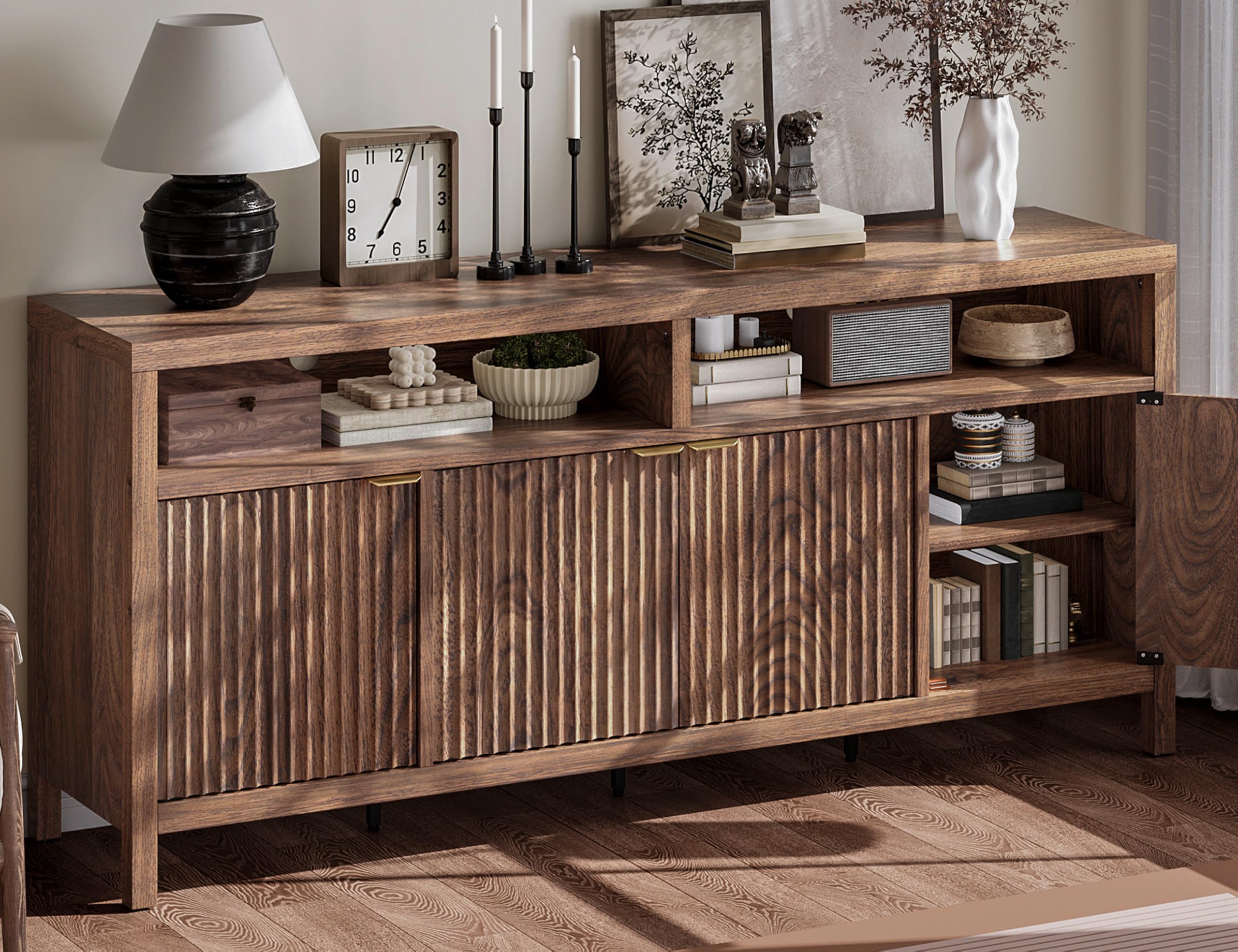 Alt View 4. Acekool - 65.8 Inch Fluted Sideboard Buffet Cabinet with 4 Doors, Morden Kitchen Storage Cabinet, Wood Sideboard Storage Cabinet - Walnut.