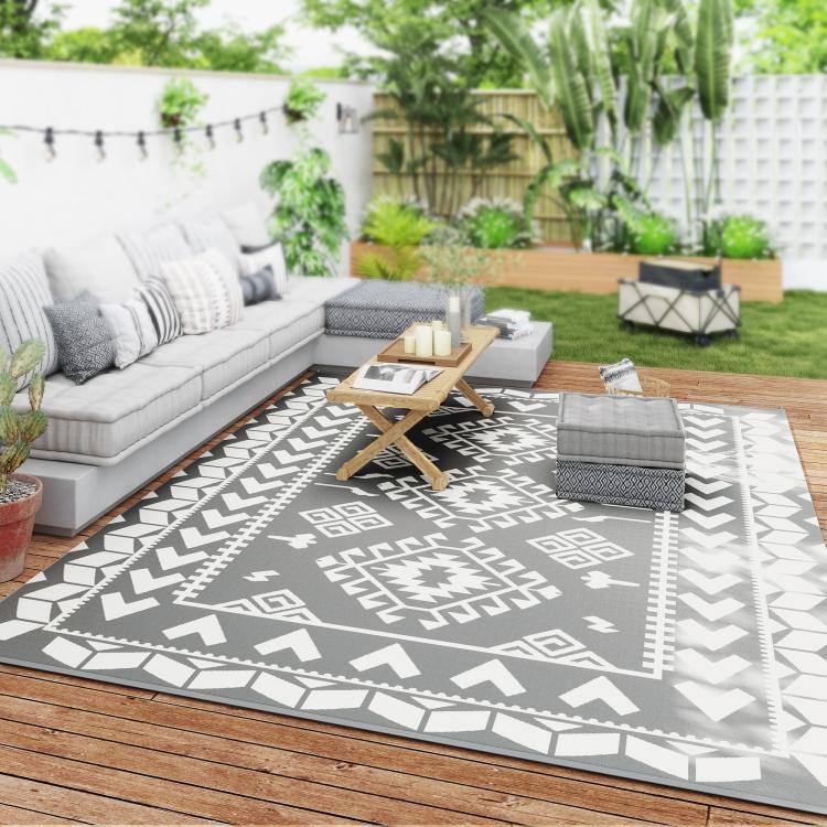 Alt View 3. PULUZ - Reversible Outdoor Rug, Waterproof Plastic Straw with Carry Bag, 9' x 12', Gray & White Rhombus Patchwork - Gray and White.