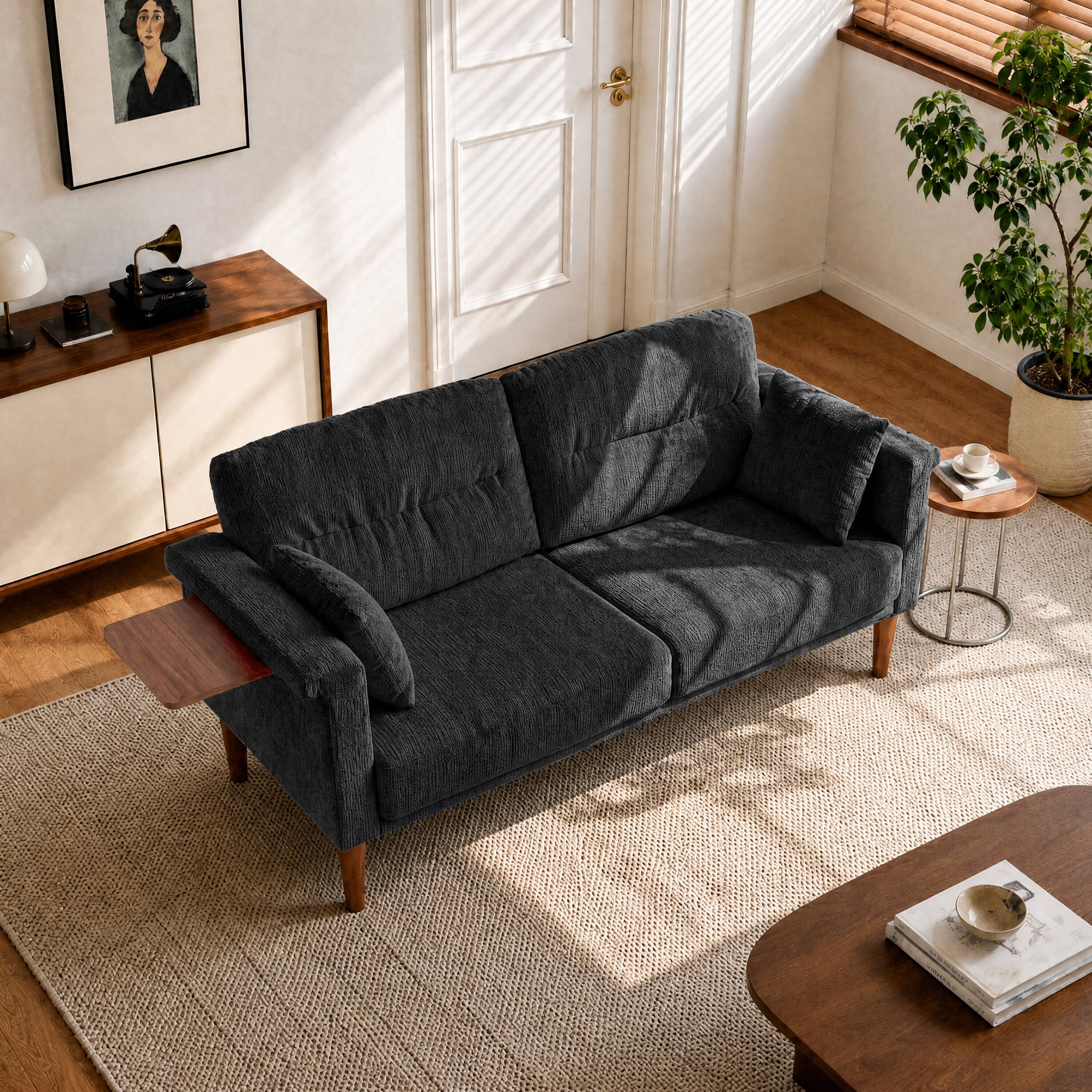Alt View 5. Vipbear - 69" Loveseat Sofa with Foldable Side Table, Modern Small Couches for Bedroom, Small Spaces, Dorms, Office, Apartment - Black.