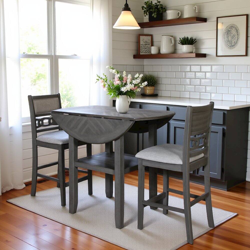 Left. FurniFact - Gray 3 Piece Drop Leaf Table and 2 Chairs, Small Round Dining Table Set - Grey.