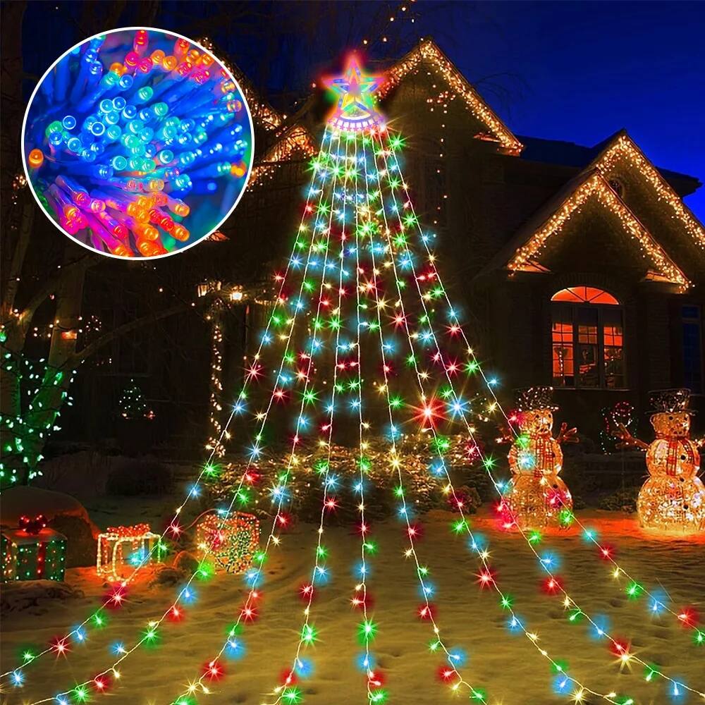 MOVSSOU - 25.8ft Christmas String Lights 350 LED Star Waterfall Lights Christmas Fairy Lights 8 Modes - Multicolor