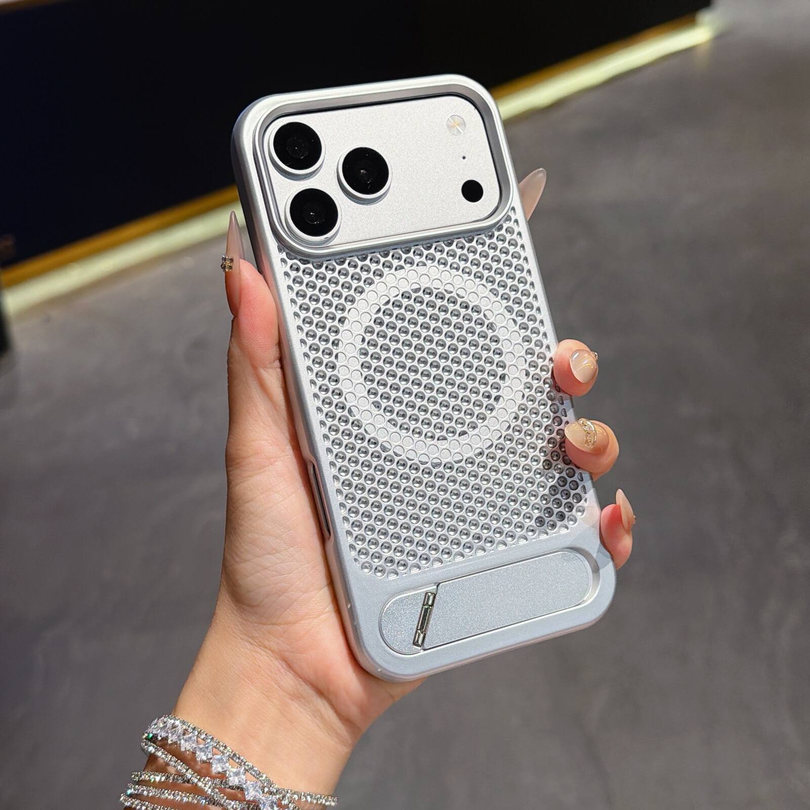 Angle. Dteck - Heat Dissipation Case for Apple iPhone 18 Pro Max with Foldable Hidden Kickstand,Shock-absorbent TPU Frame Hard PC Cover - Silver.