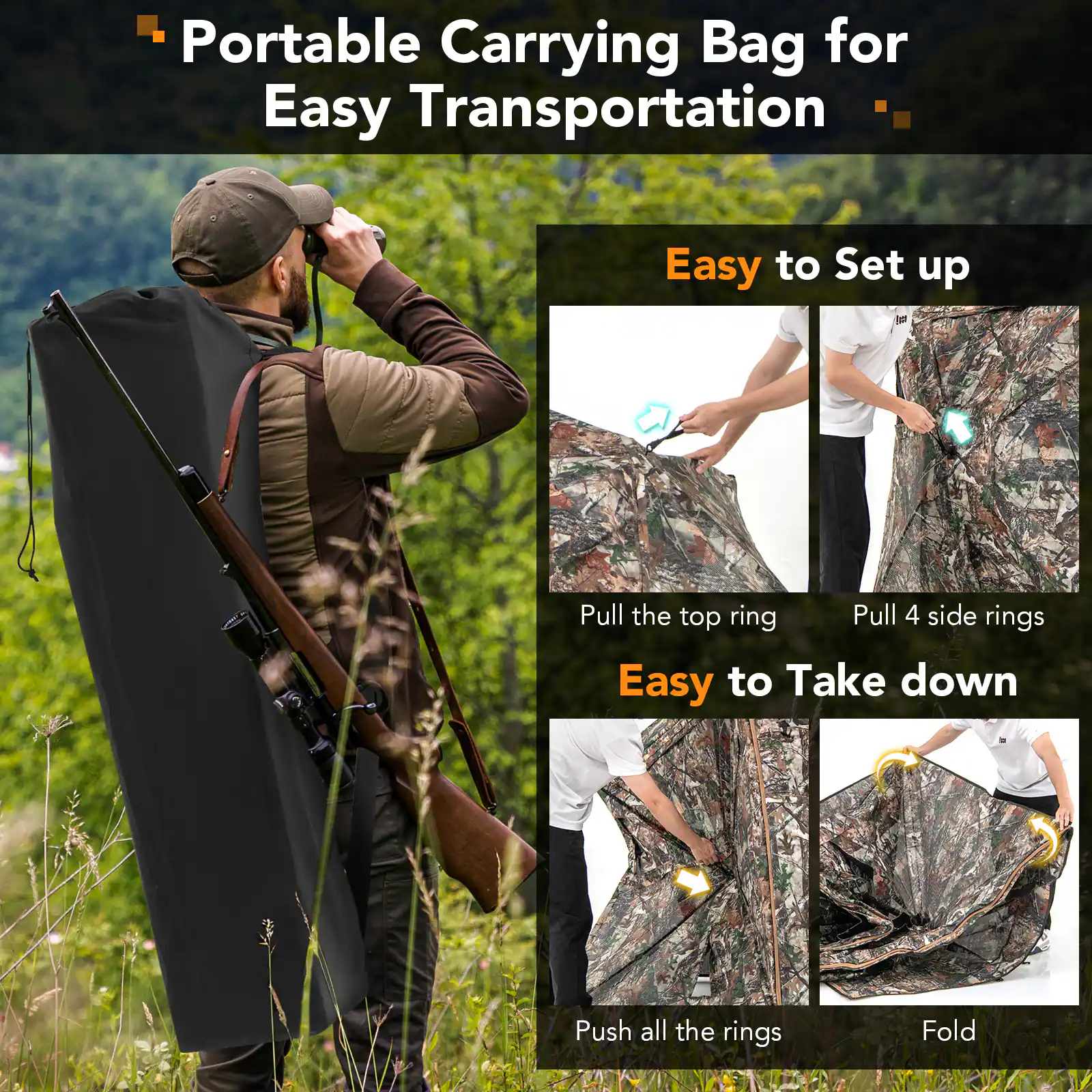 - Portable Carrying Bag for Easy Transportation
- Easy to Set up
  - Pull the top ring
  - Pull 4 side rings
- Easy to Take down
  - Push all the rings
  - Fold