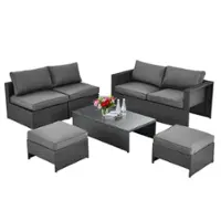 Costway - 6PCS Patio Rattan Furniture Set Space Saving Cushioned Fully Assembled - Black, Gray - Front_Zoom