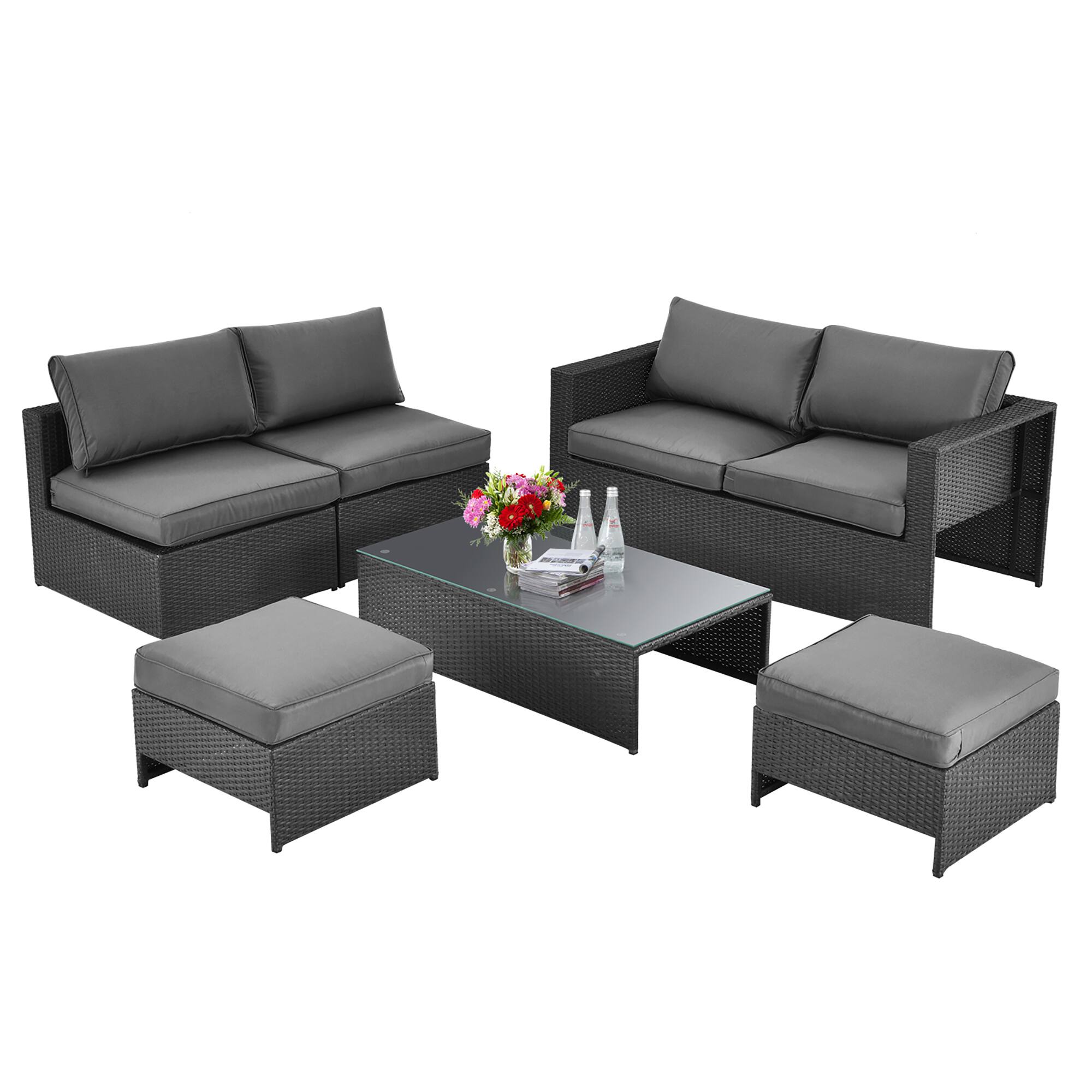 Costway - 6PCS Patio Rattan Furniture Set Space Saving Cushioned Fully Assembled - Black/Gray