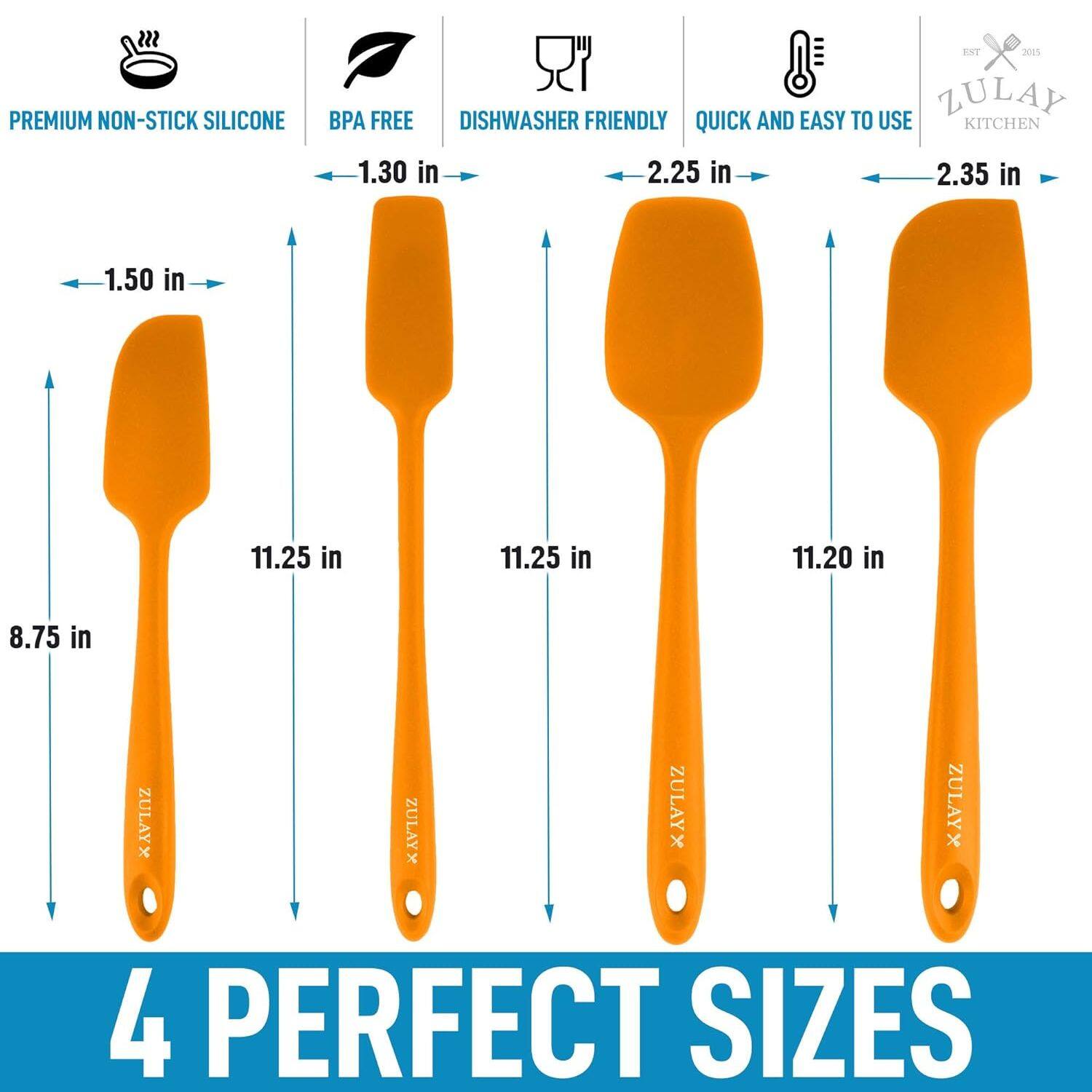 PREMIUM NON-STICK SILICONE BPA FREE DISHWASHER FRIENDLY QUICK AND EASY TO USE KITCHEN 1.30 in 2.25 in 2.35 in 1.50 in 11.25 in 11.25 in 11.20 in 8.75 in ZULAYX ZULAYX ZULAYX ZULAYX x 4 PERFECT SIZES