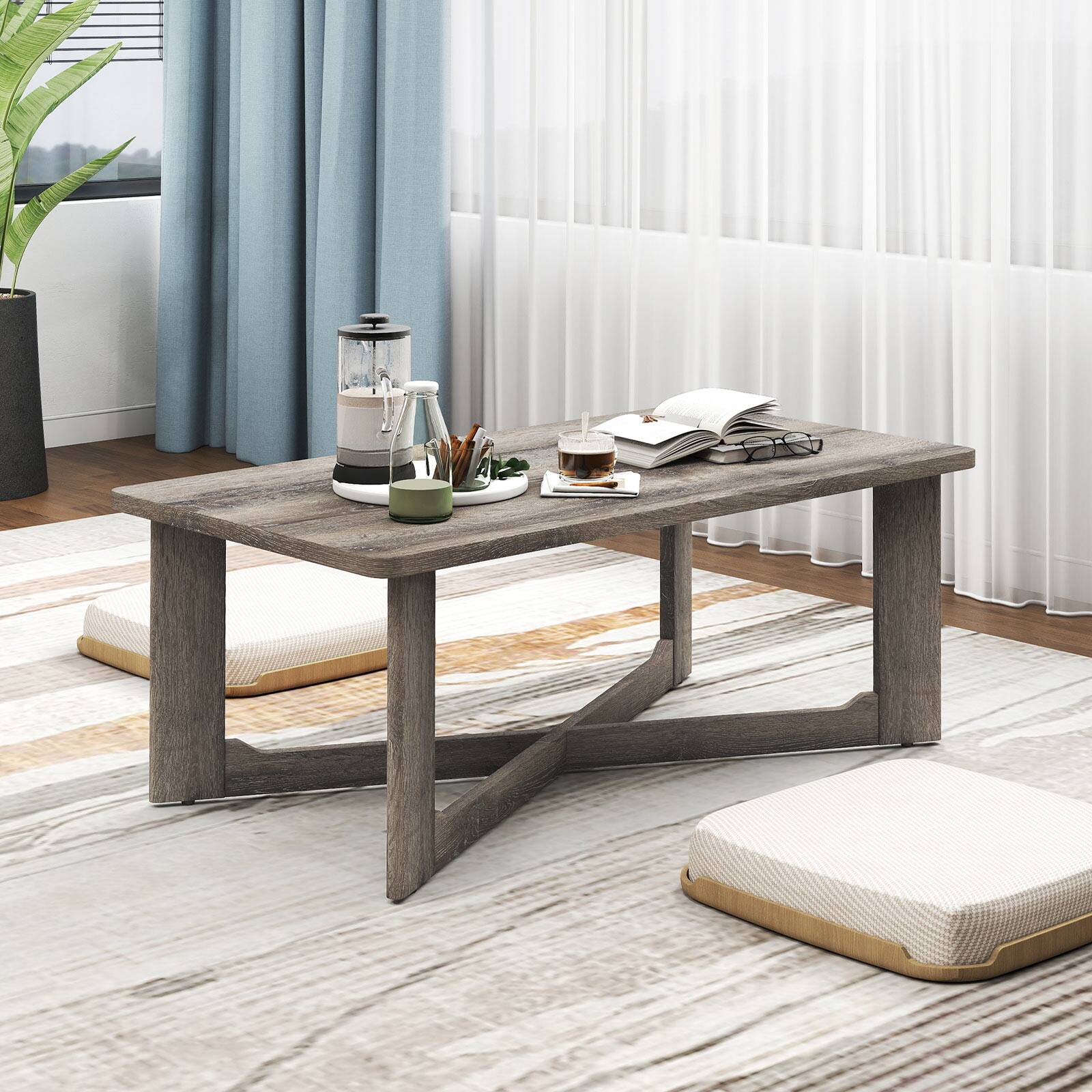 Alt View 5. Gymax - Gymax Coffee Table Solid Rubber Wood Center Table w/ X-Shaped Base for Living Room - Gray.