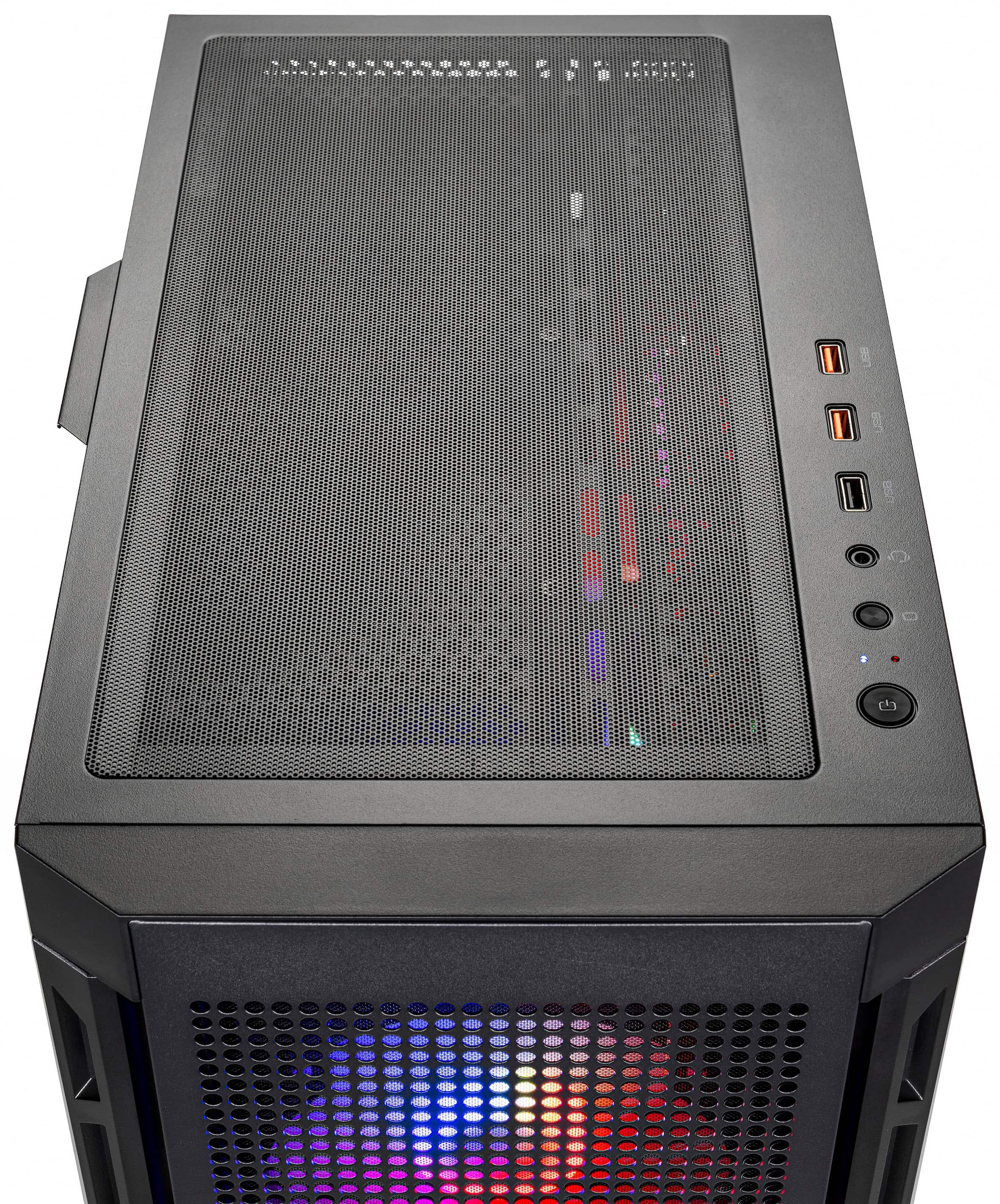 The image shows a black computer tower with a glowing light on the front. The light is illuminated and shining through the vents of the computer, creating a visually appealing effect. The computer tower is likely a gaming computer, as it is designed to handle the demands of gaming and other intensive tasks.
