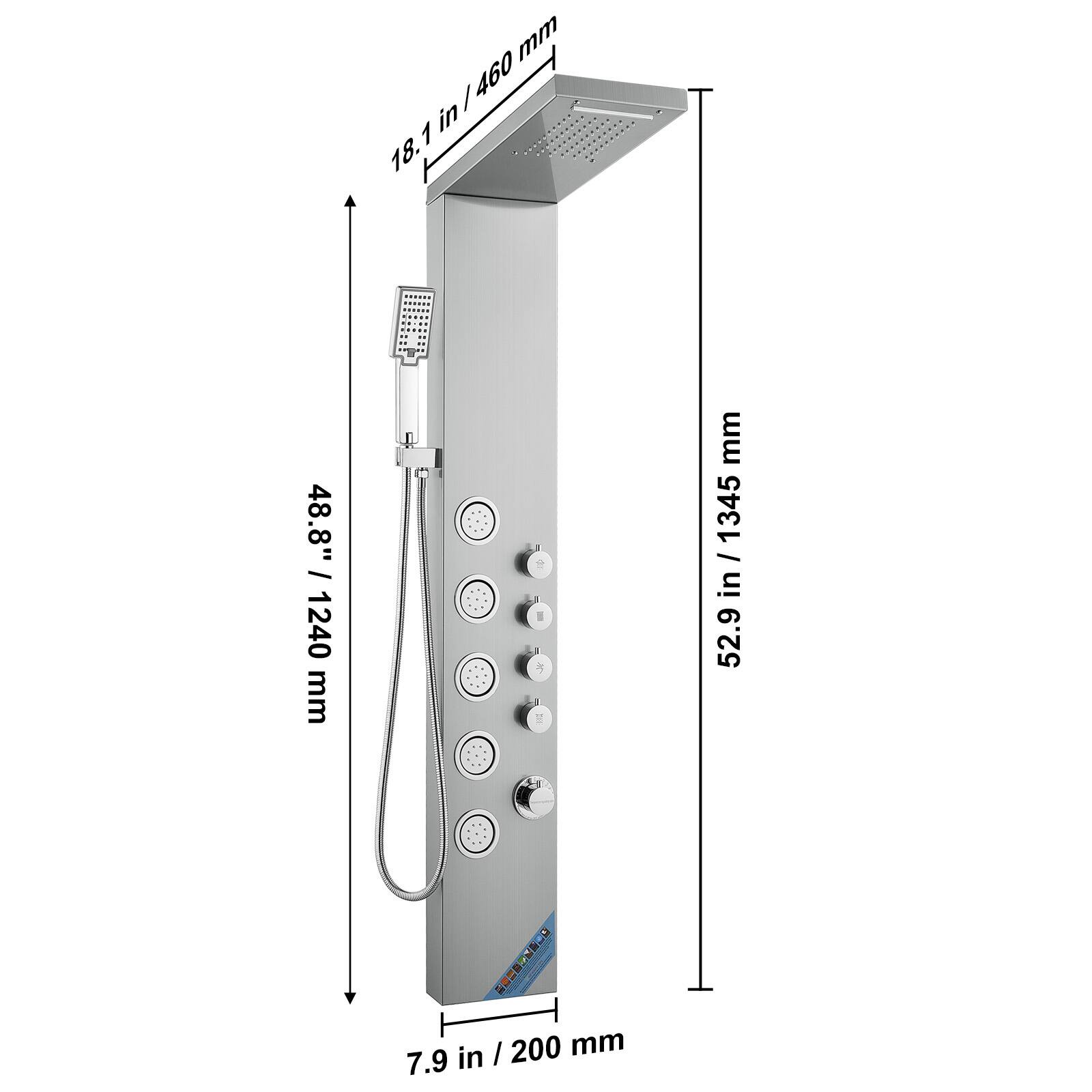 - Height: 18.1 in / 460 mm
- Width: 52.9 in / 1345 mm
- Depth: 7.9 in / 200 mm
- Showerhead height: 48.8 in / 1240 mm