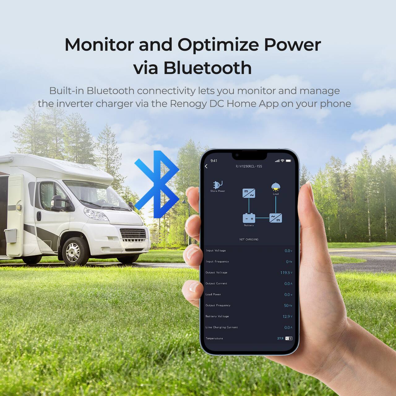 Monitor and Optimize Power via Bluetooth Built-in Bluetooth connectivity lets you monitor and manage the inverter charger via the Renogy DC Home App on your phone.
