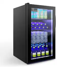 LUCKY ONE - 120 Can Freestanding Beverage Refrigerator with Glass Door - Chrome Shelves LED Light - Black