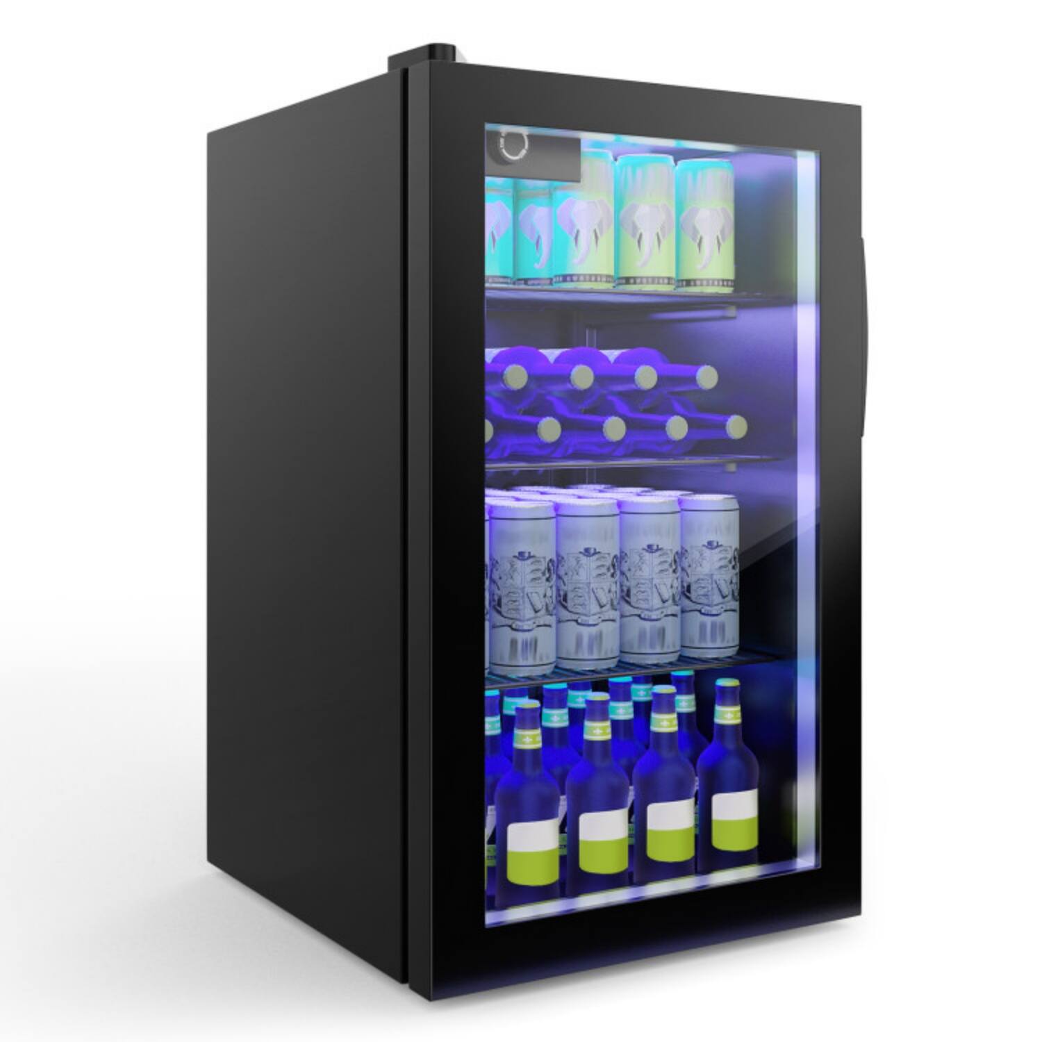 Front. LUCKY ONE - 120 Can Freestanding Beverage Refrigerator with Glass Door - Chrome Shelves LED Light - Black.