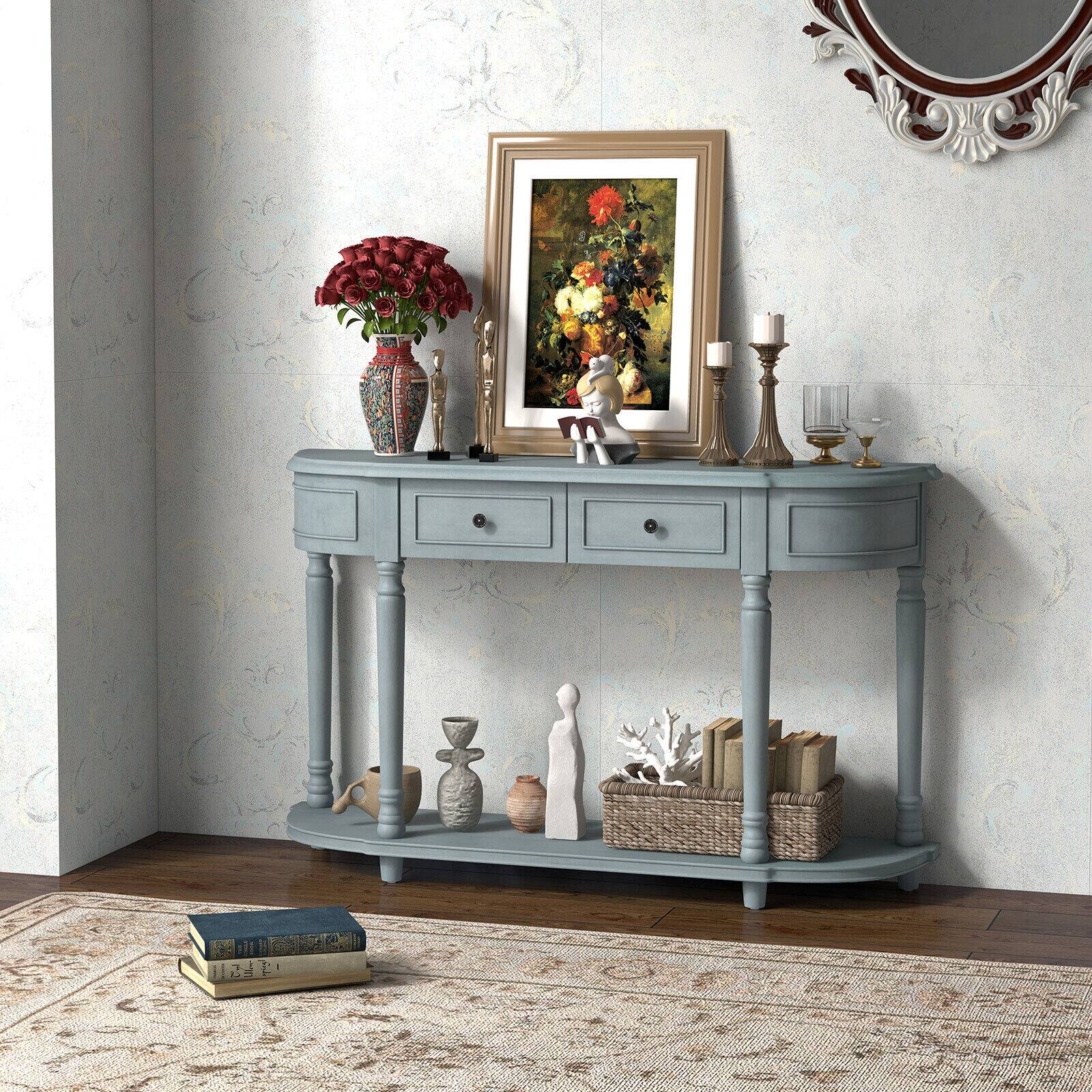Alt View 7. Ecooso - 52" Retro Console Table with 2 Drawers and Open Shelf Entryway Sofa Table - Grey.