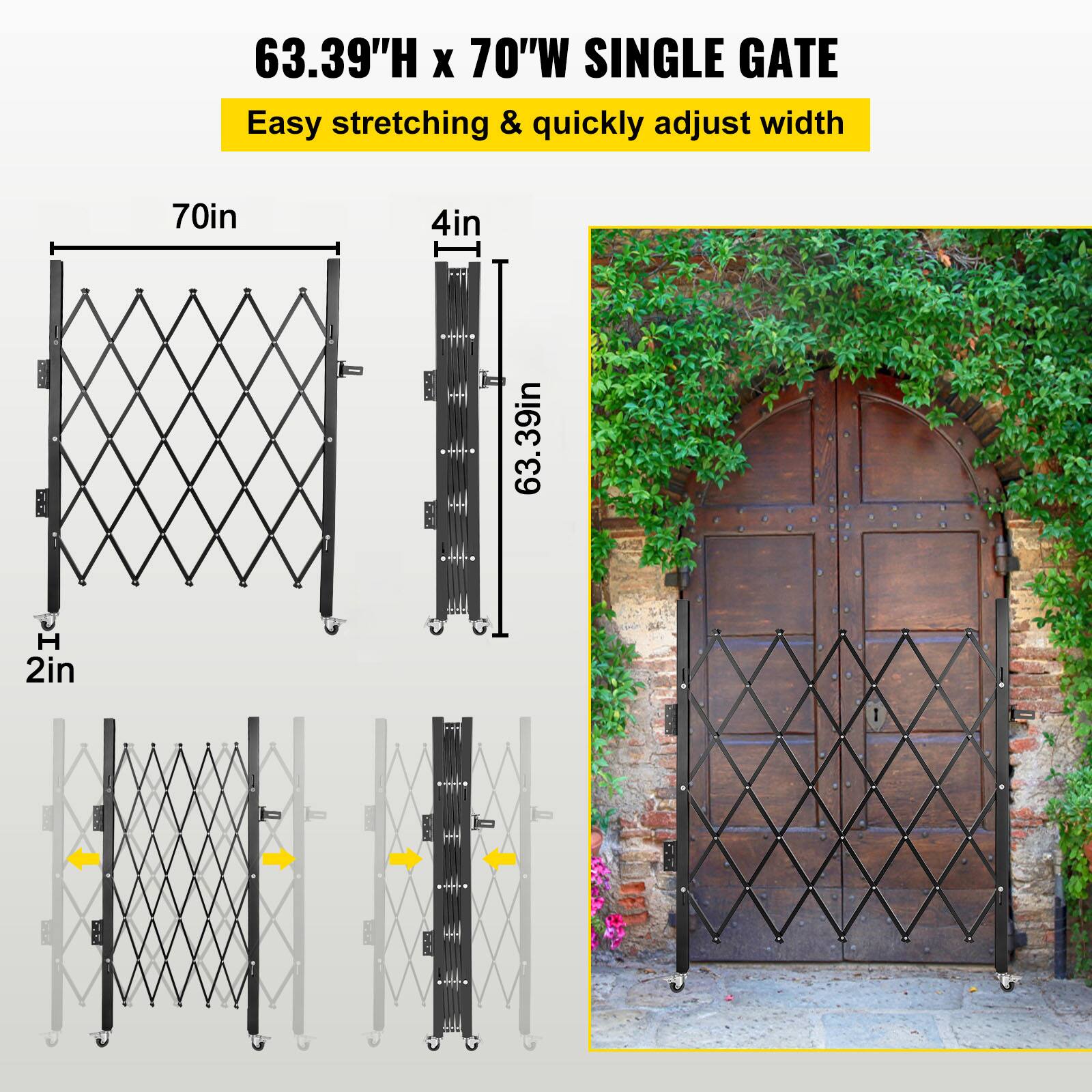 63.39"H x 70"W SINGLE GATE  
Easy stretching & quickly adjust width  

70in  
4in  
63.39in  
2in