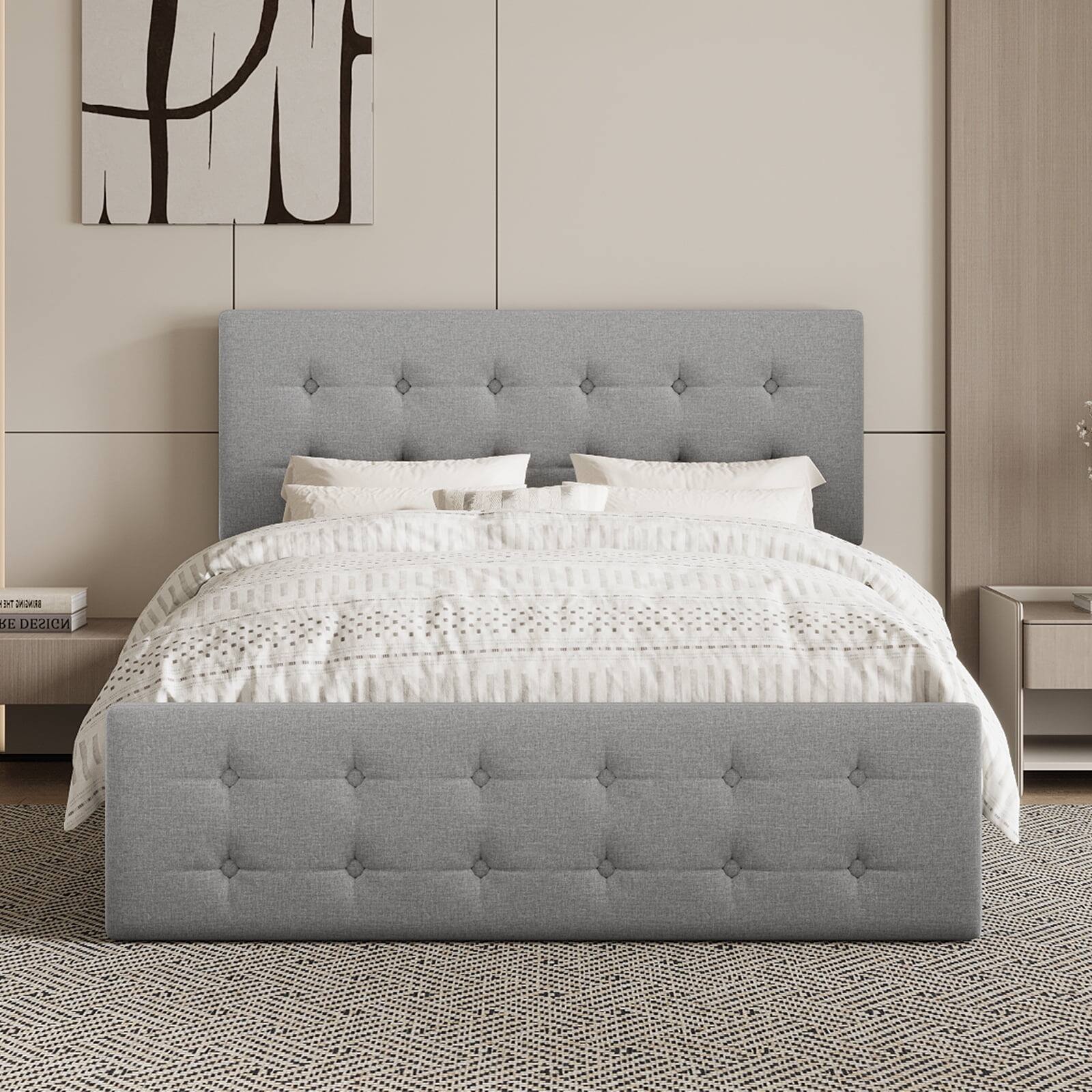 Angle. Jojoka - Full Bed Frame with 4 Storage Drawers, Linen Upholstered, Wooden Slats, No Box Spring, Light Gray - Space-Saving - Light Gray Full.