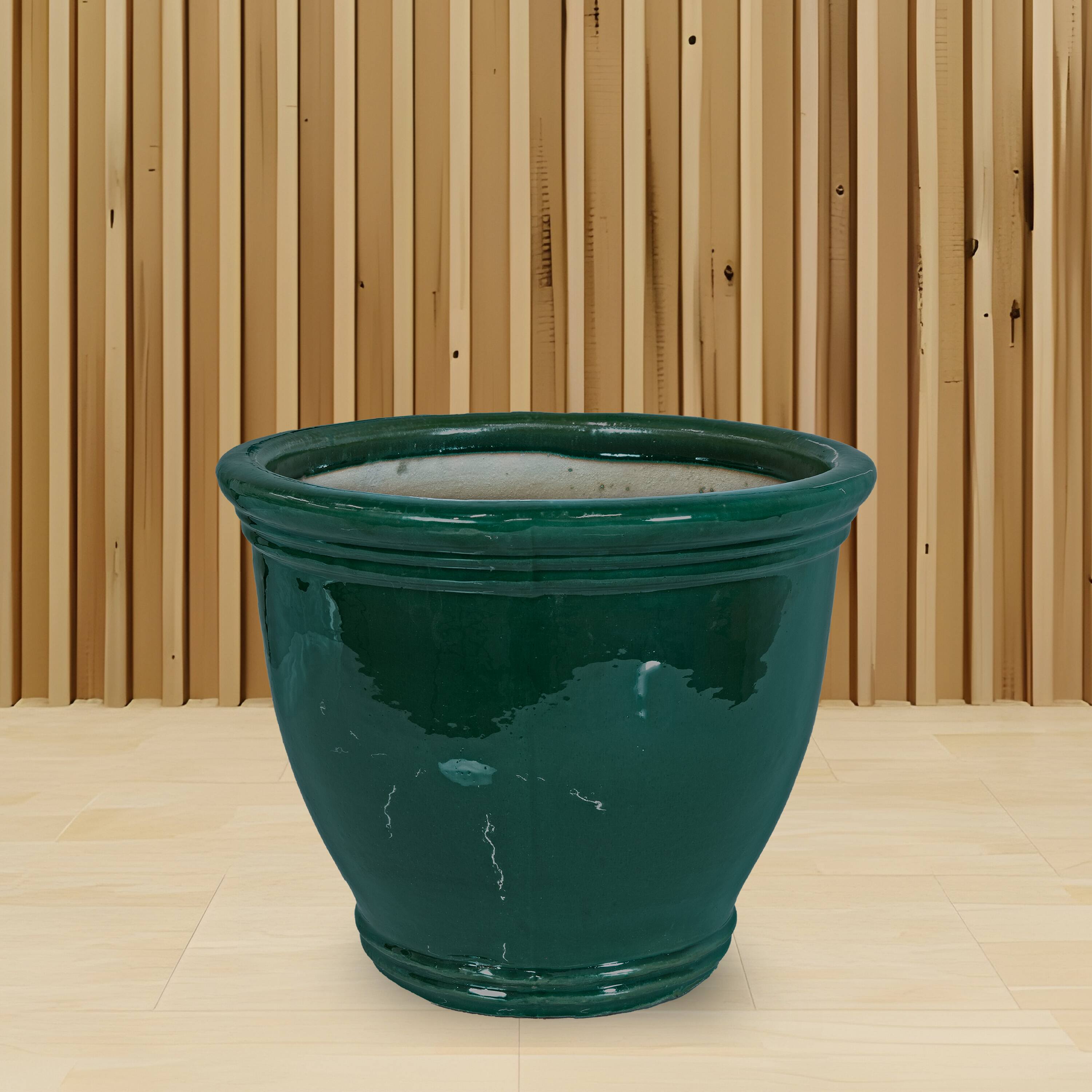 Alt View 8. Sunnydaze - 15 in Studio High-Fired Glazed Ceramic Planter - Dark Green.