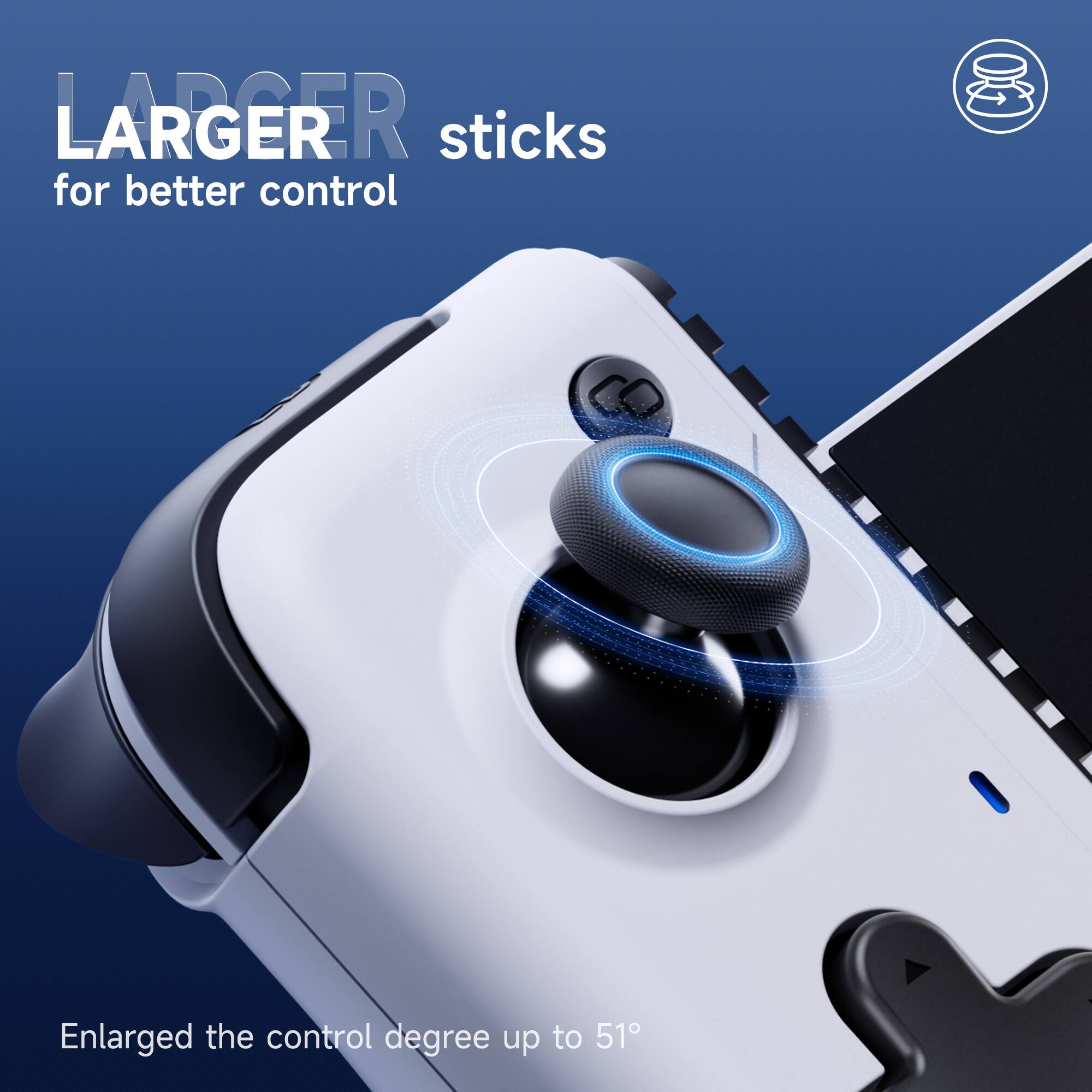 LARGER sticks for better control

Enlarged the control degree up to 51°