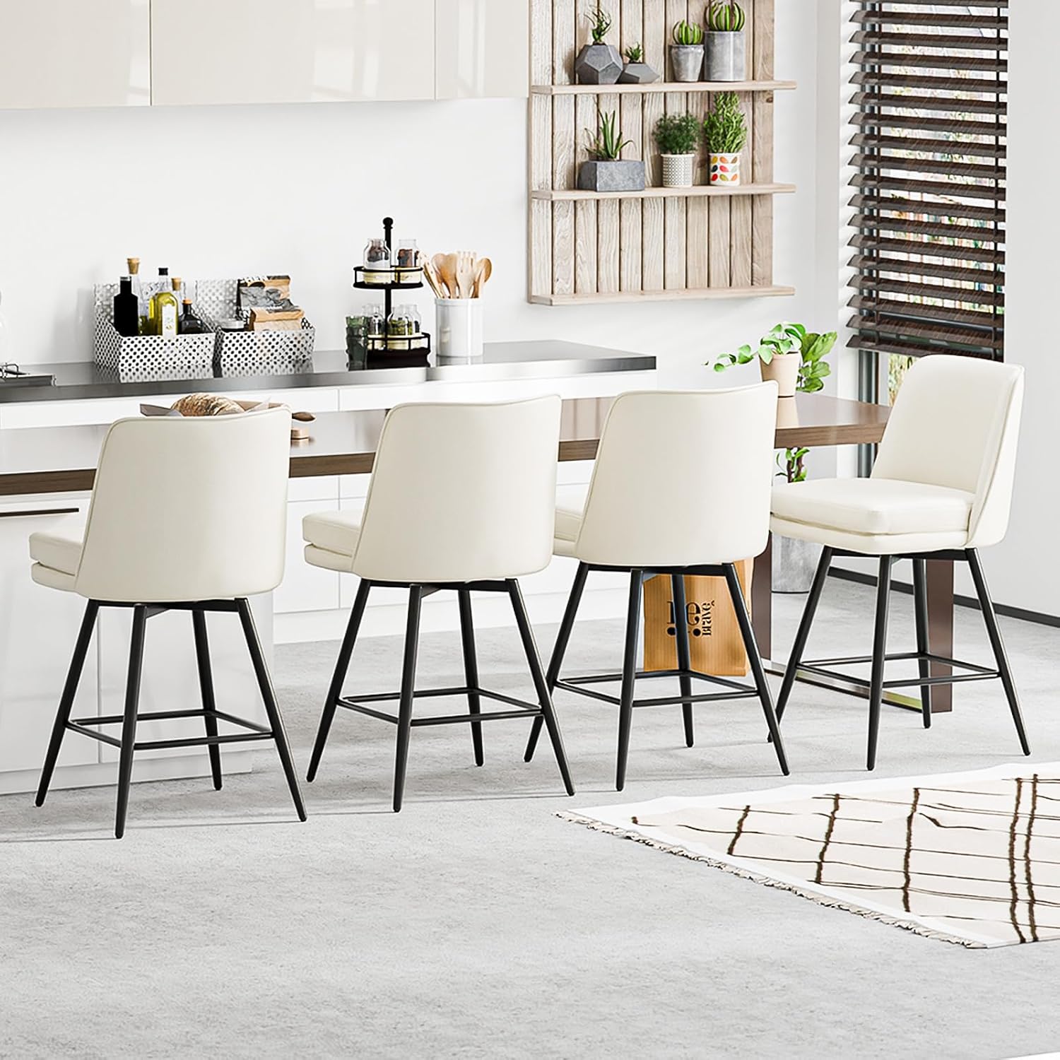Alt View 6. Winado - 26" H Swivel Barstools PU Faux Leather Upholstered Counter Height Bar Stool Chair with Back, Square Seat, Metal Legs - White-Set of 2.