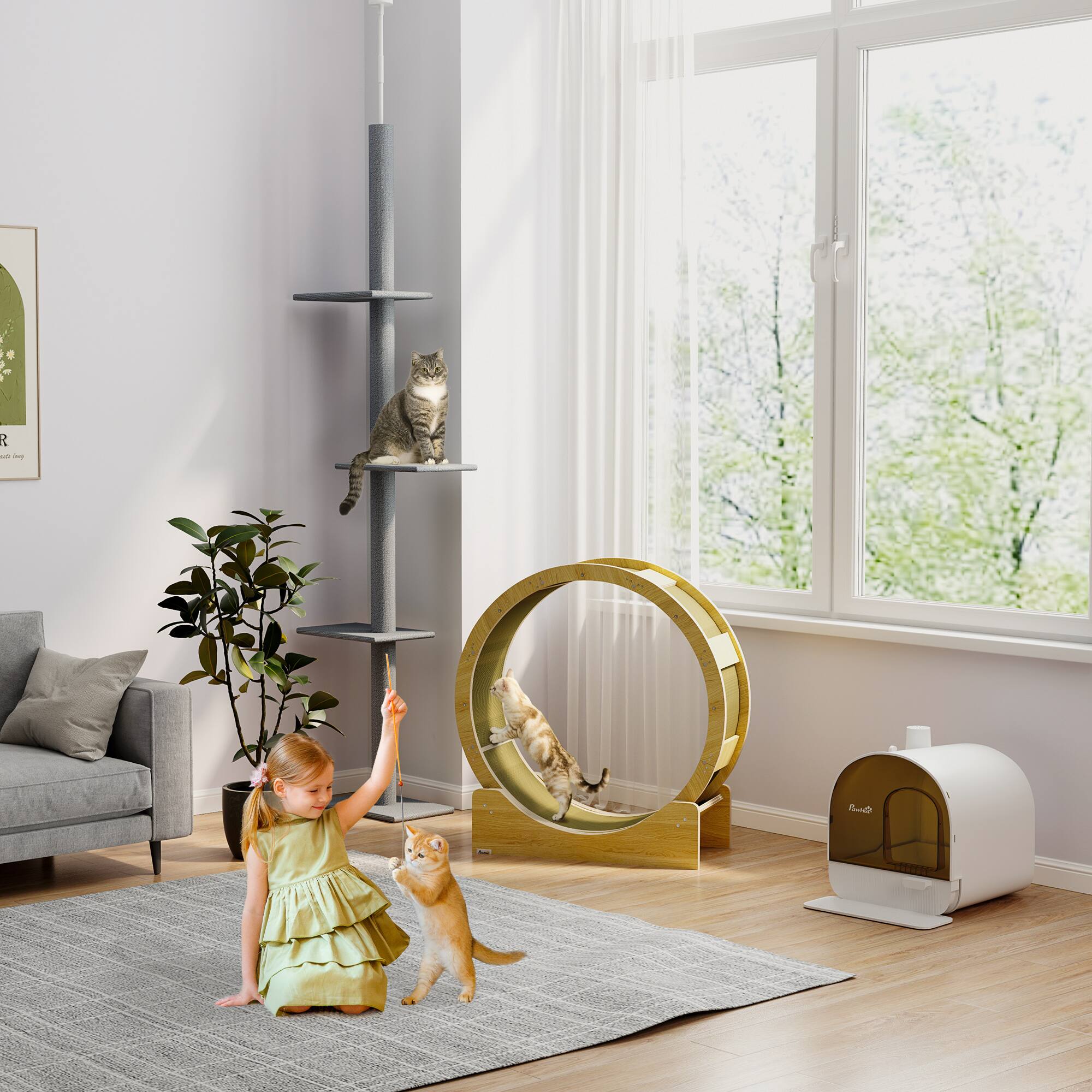 Alt View 4. Pawhut - Floor-to-Ceiling Cat Tree, Climbing Tower with Sisal Scratching Posts, Activity Center, Furniture - Dark Grey.