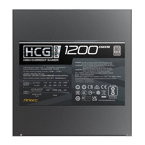 HCG PRO 1200  
HIGH CURRENT GAMER  
80 PLUS  

ATTENTION  
Model: SM-BO  
Kaea x30006385023  

DC Output:  
-12V: 25A  
+5V: 25A  
+3.3V: 25A  
5VSB: 6.34A  
3.3VSB: 3.54A  
12V: 100A  
Total: 1300W  

Antec VEE  

CB EAC  
UK 10  
CA  
CE  

13212  
S 178535