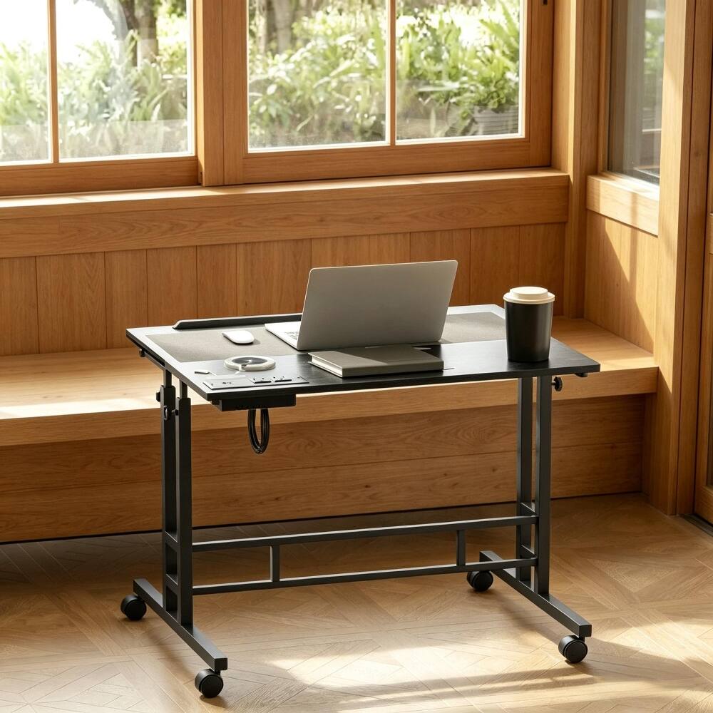 Back. Loheer - Loheer Adjustable Standing Desk with Charging Station Black Mobile Sit Stand Desk with Wheels Tiltable Desktop - Black.