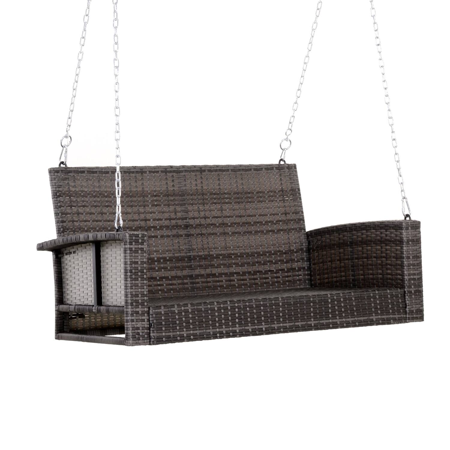 Angle. Hivvago - Grey Tones Wicker Porch Swing 7ft Hanging Chain with Dark Grey Padded Cushion - Grayish Brown, Dark Charcoal Gray.