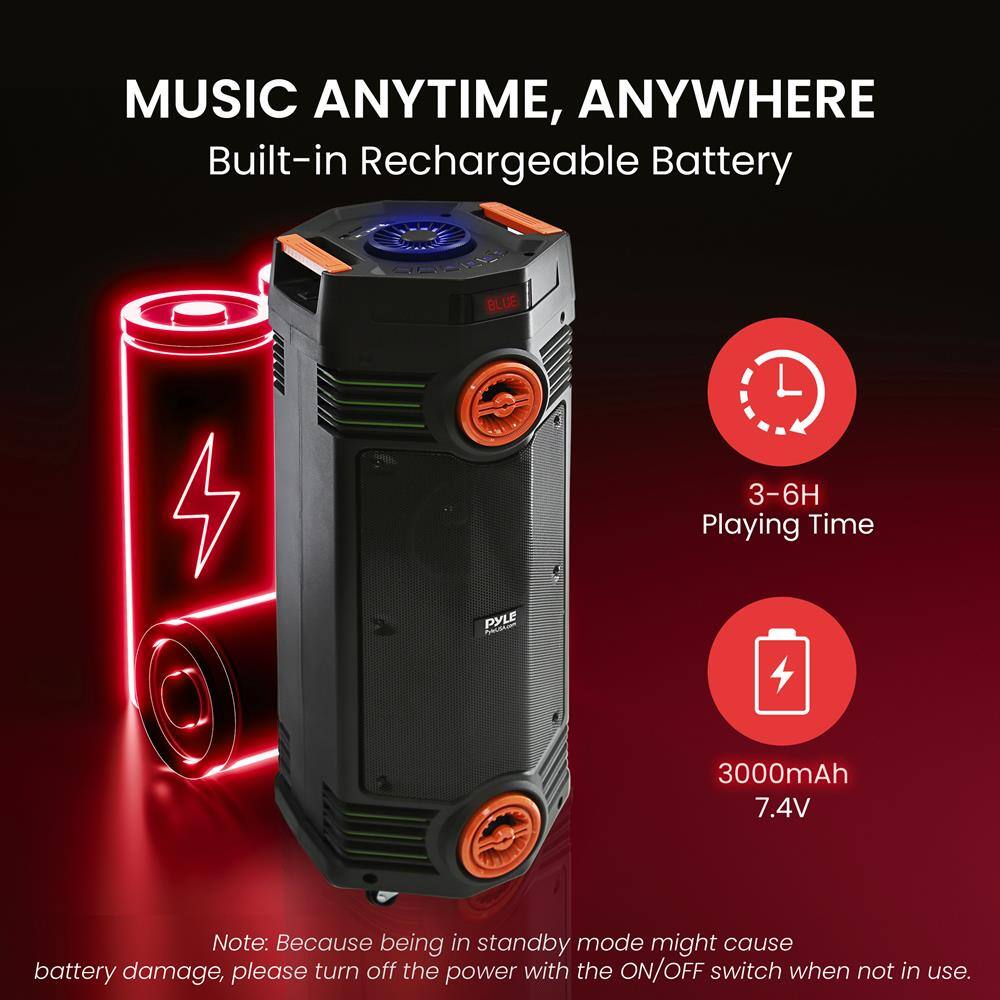 MUSIC ANYTIME, ANYWHERE  
Built-in Rechargeable Battery  

3-6H Playing Time  
3000mAh 7.4V  

Note: Because being in standby mode might cause battery damage, please turn off the power with the ON/OFF switch when not in use.