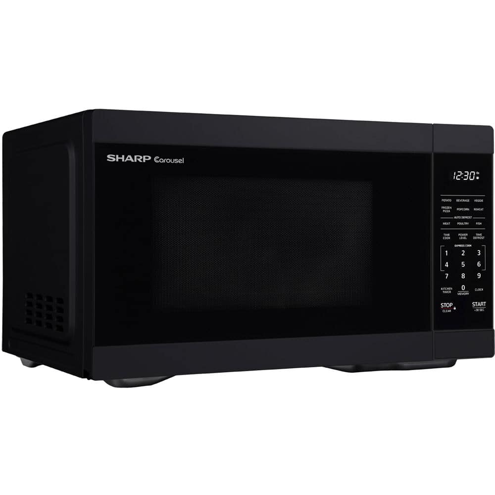 The image features a black Sharp microwave oven with a digital display. The display shows the time of 2:30. The microwave is a compact model, suitable for small spaces. The buttons on the front of the microwave include a stop button and a start button, as well as a number pad for selecting different settings. The microwave is designed for easy use and efficient cooking.