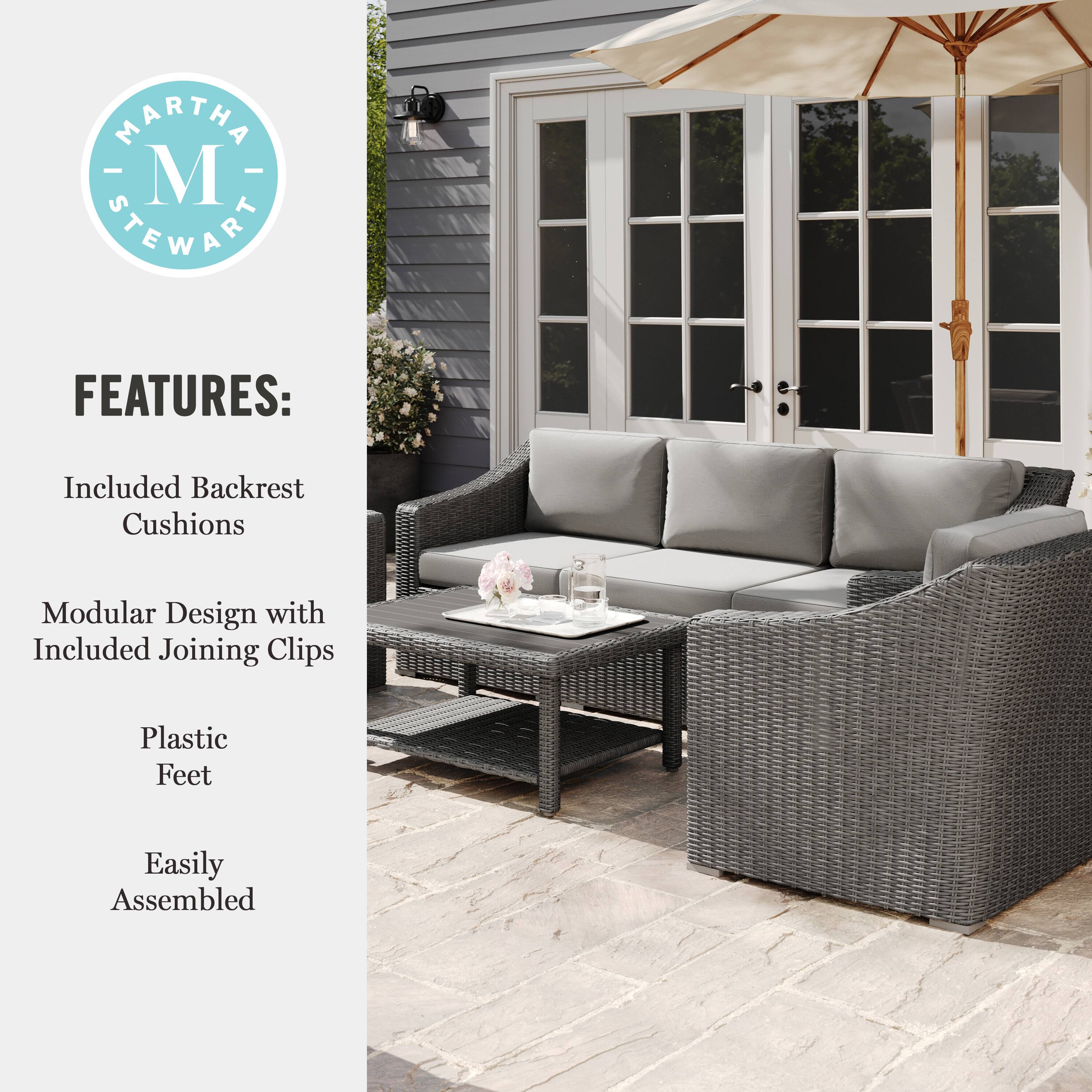 Martha Stewart Features: Included Backrest Cushions, Modular Design with Included Joining Clips, Plastic Feet, Easily Assembled.