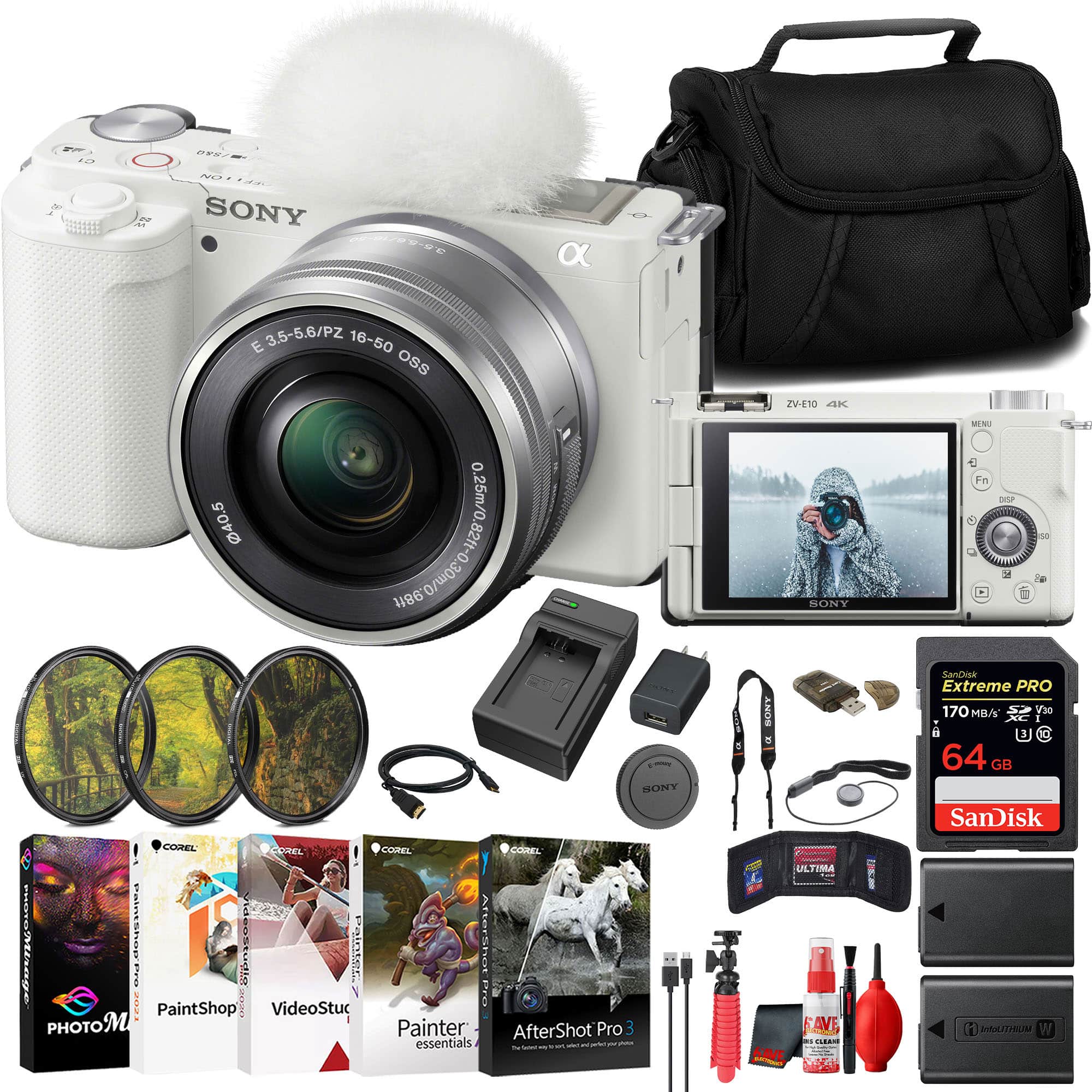 Sony - ZV-E10 Mirrorless Camera with 16-50mm Lens Bundle + 64GB Card + Battery + Charger + Kit - White