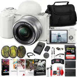 Sony - ZV-E10 Mirrorless Camera with 16-50mm Lens Bundle + 64GB Card + Battery + Charger + Kit - White