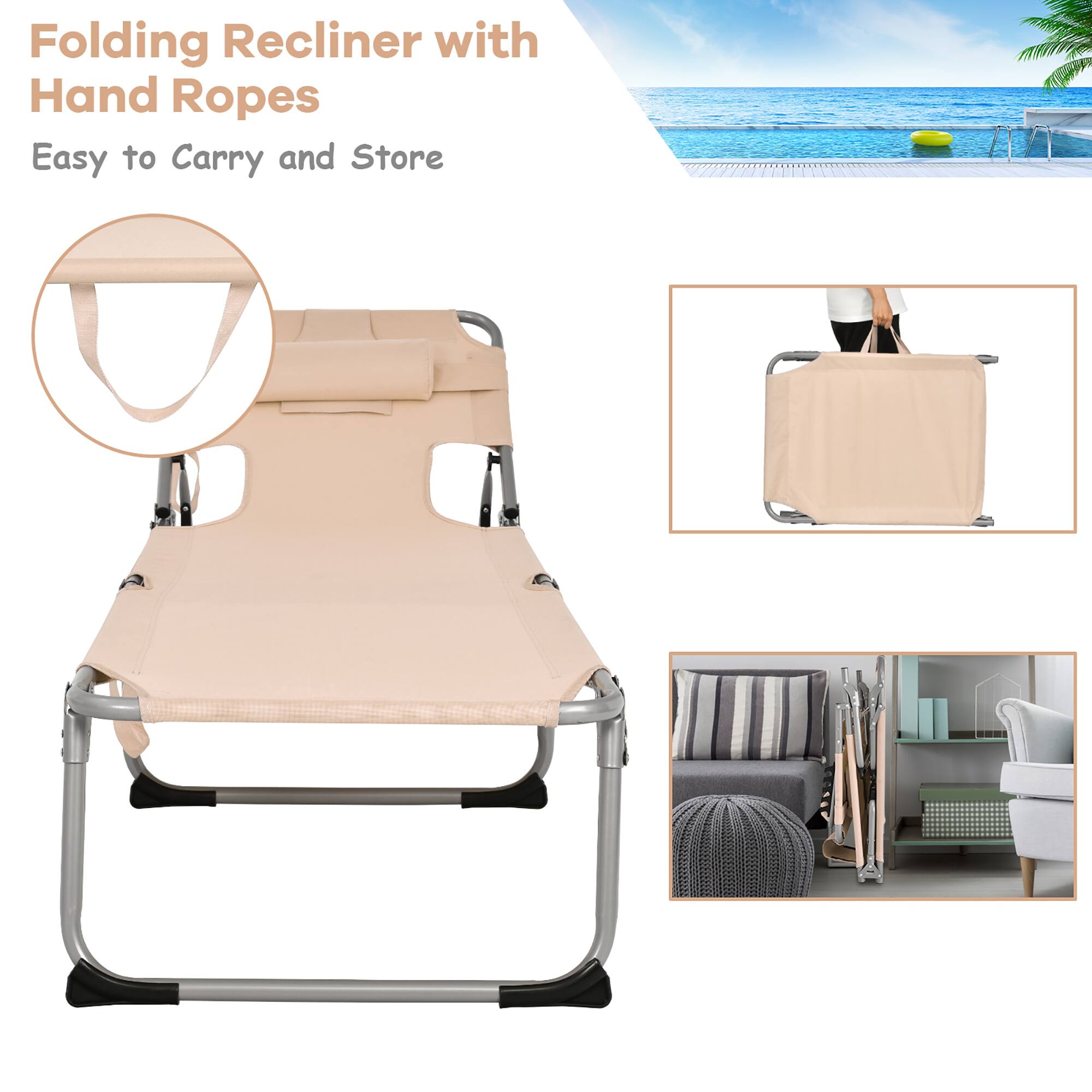 Folding Recliner with Hand Ropes
Easy to Carry and Store