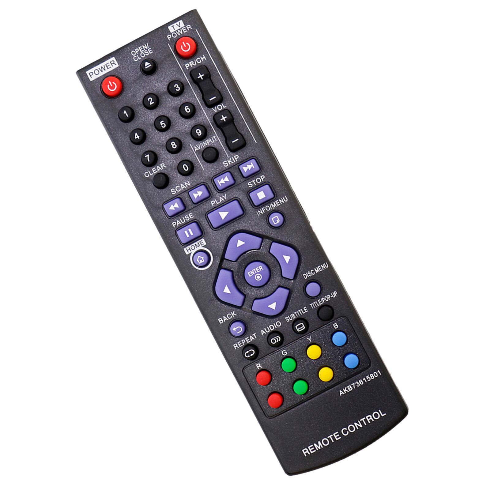 TV POWER OPEN/CLOSE  
POWER  
PR/CH +  
3 2 -  
6 VOL +  
1 + 5 4 9  
AV/INPUT -  
8 7 SKIP CLEAR  
0  
STOP SCAN  
4 PLAY INFO/MENU  
PAUSE  
" HOME ENTER  
DISC MENU  
TITLE/POP-UP  
BACK  
SUBTITLE AUDIO  
REPEAT  
CC  
Y G R  
AKB73615801  
CONTROL REMOTE