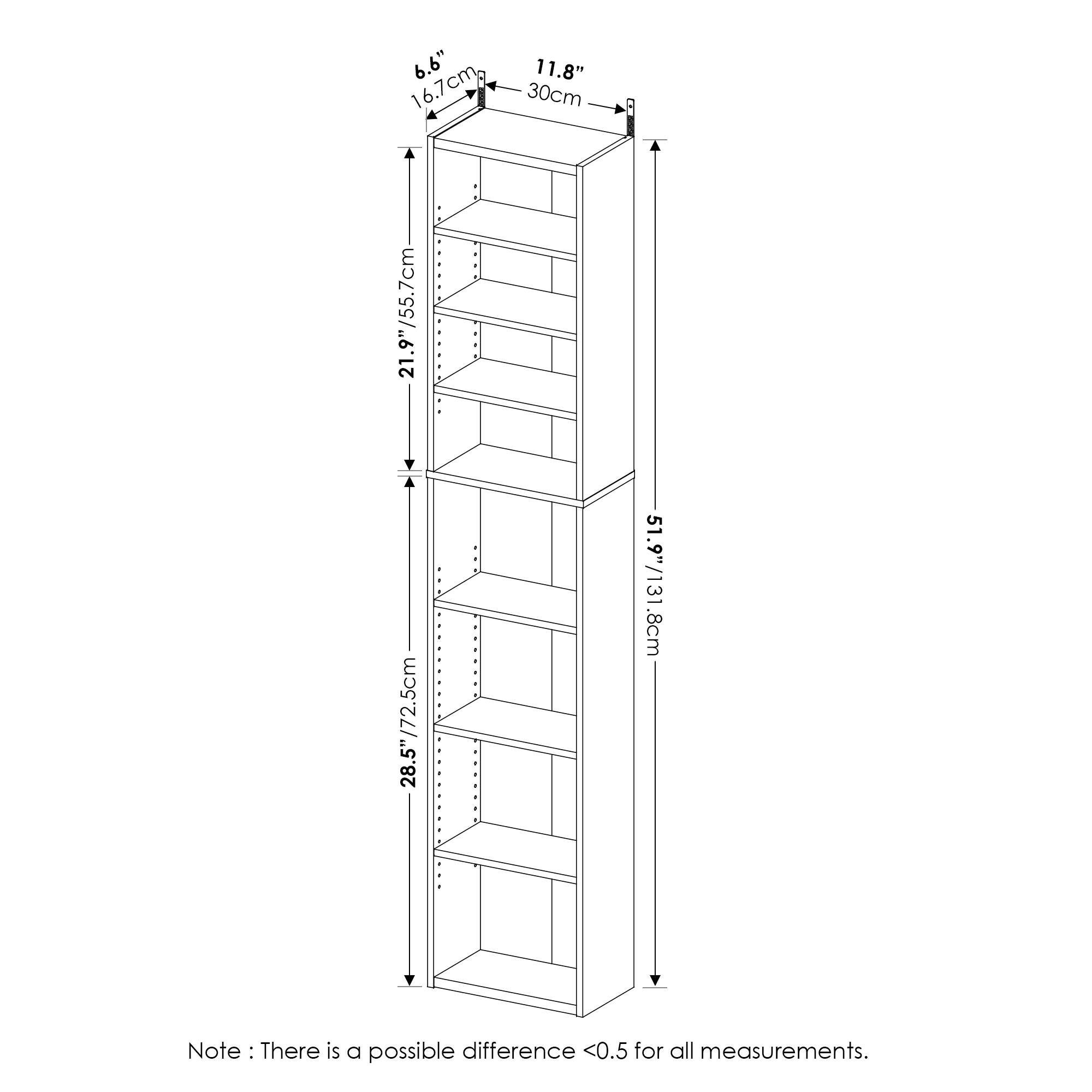 6.6" / 16.7cm  
11.8" / 30cm  
21.9" / 55.7cm  
28.5" / 72.5cm  
51.9" / 131.8cm  

Note: There is a possible difference <0.5 for all measurements.