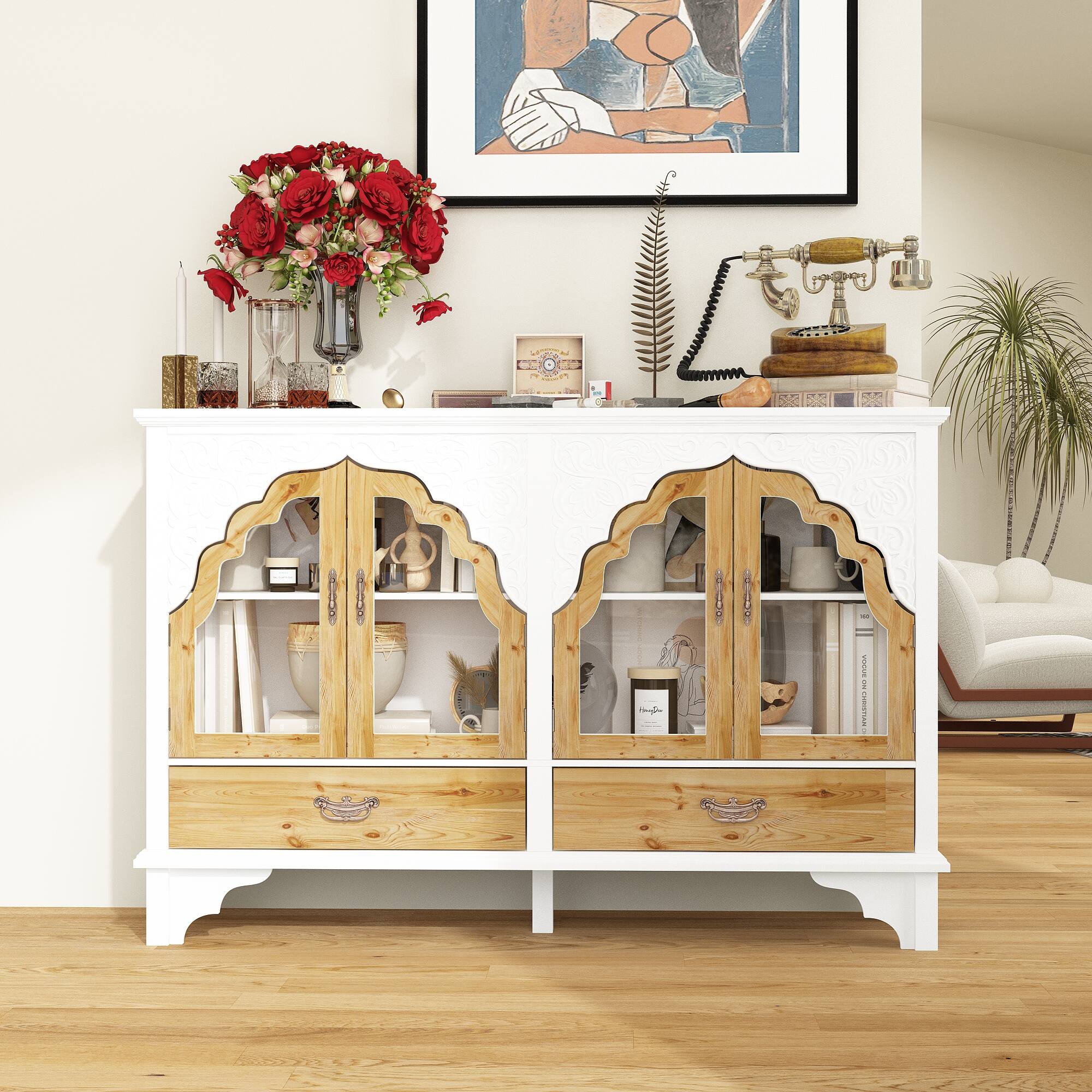 Alt View 2. FUFU & GAGA - FUFU&GAGA Carved Glass - Door Sideboard: Vintage Storage, Mixed - Material, Multi - Drawer - White.